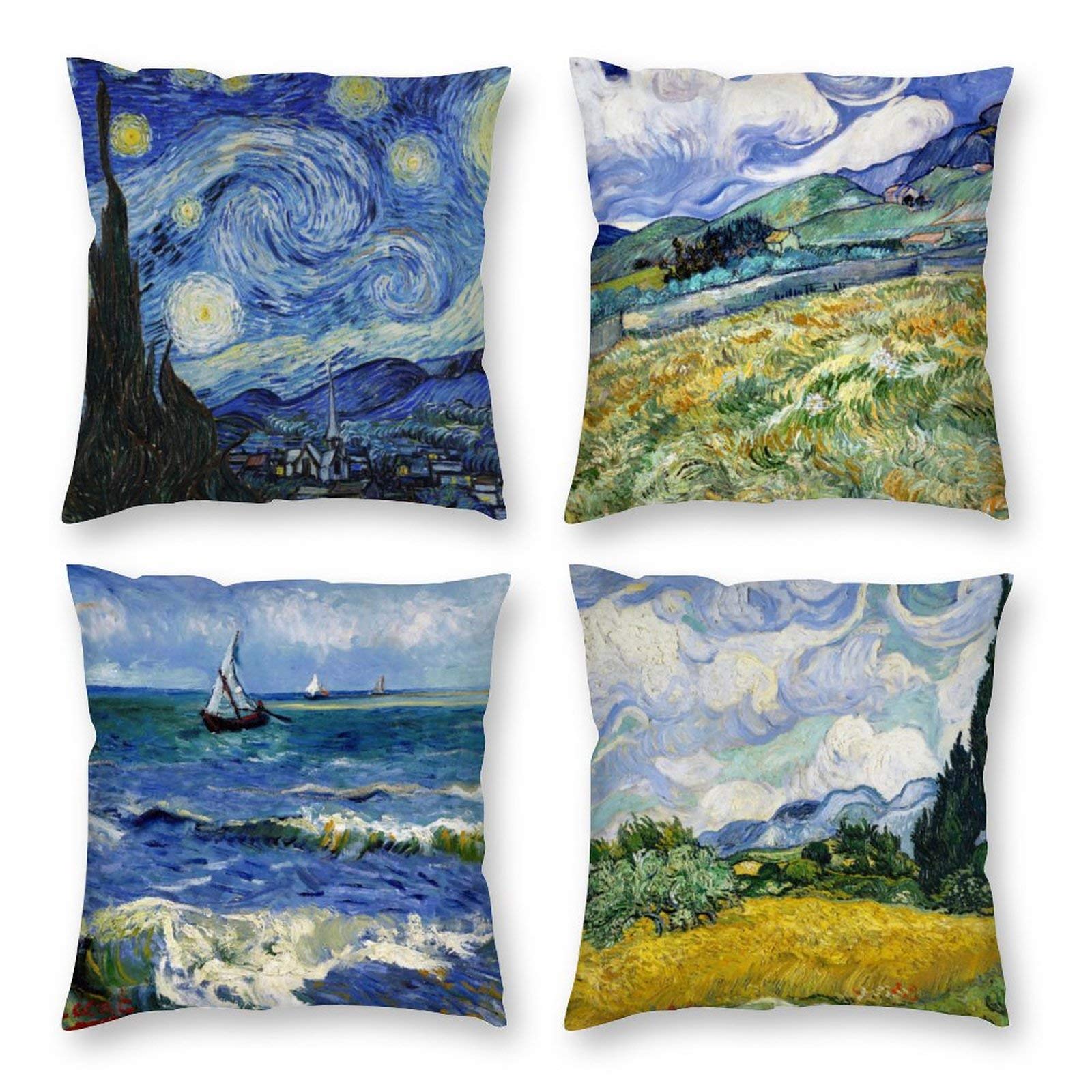 Hostecco Vincent Van Gogh Pillow Cases Set Of 4 Abstract Art Design Cushion Covers Square Decorative Pillow Covers For Famous Pa