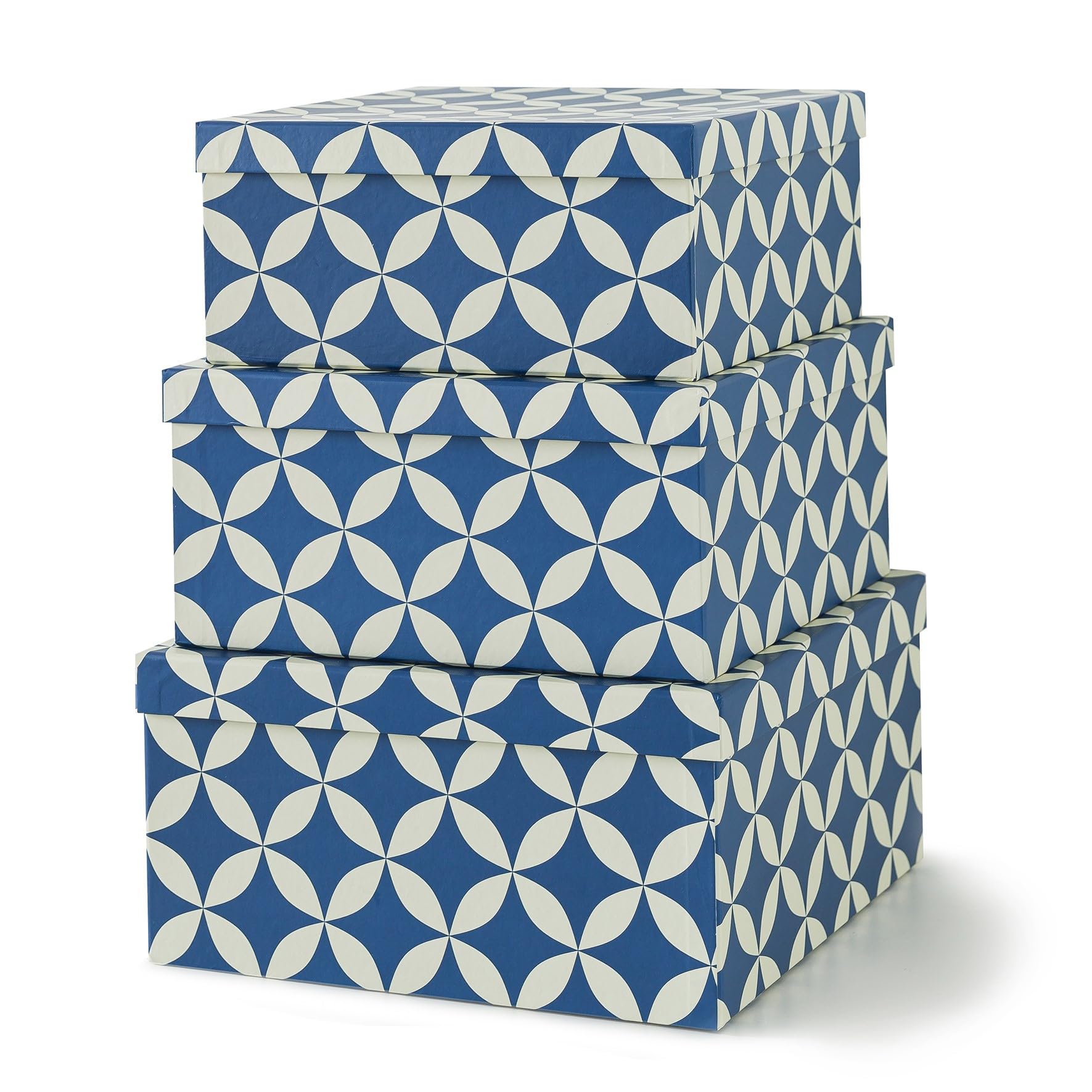 Set of 3 Geometric Patterned Decorative Boxes - Square 11 x 11 Cardboard Boxes with Lids for Home D  cor, Nesting Storage Boxes 