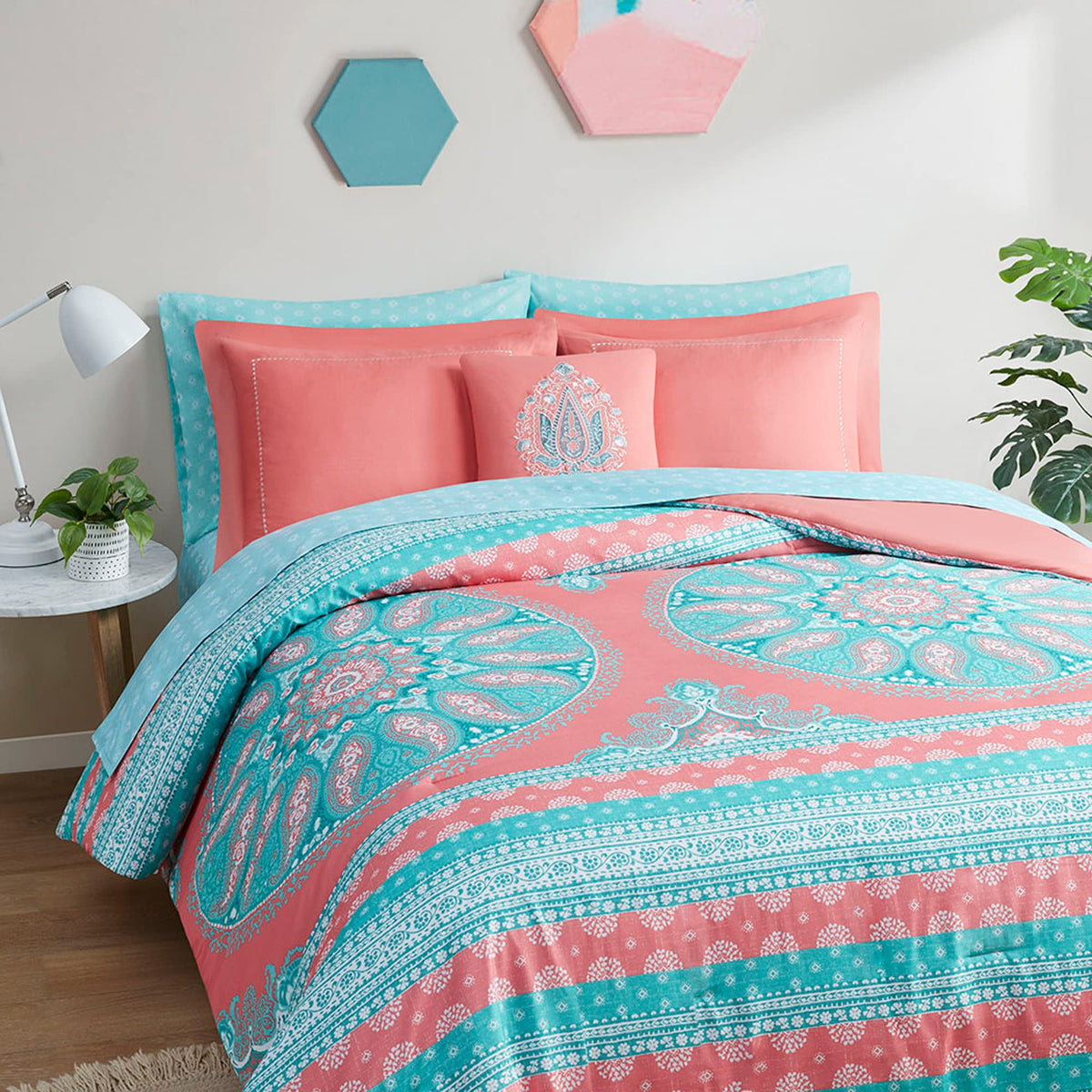 Degrees Of Comfort Twin Bed In A Bag 6 Piece, Boho Mandala Bedding Sets For Girls, Coral Tween Bed Set, Microfiber Comforter Set