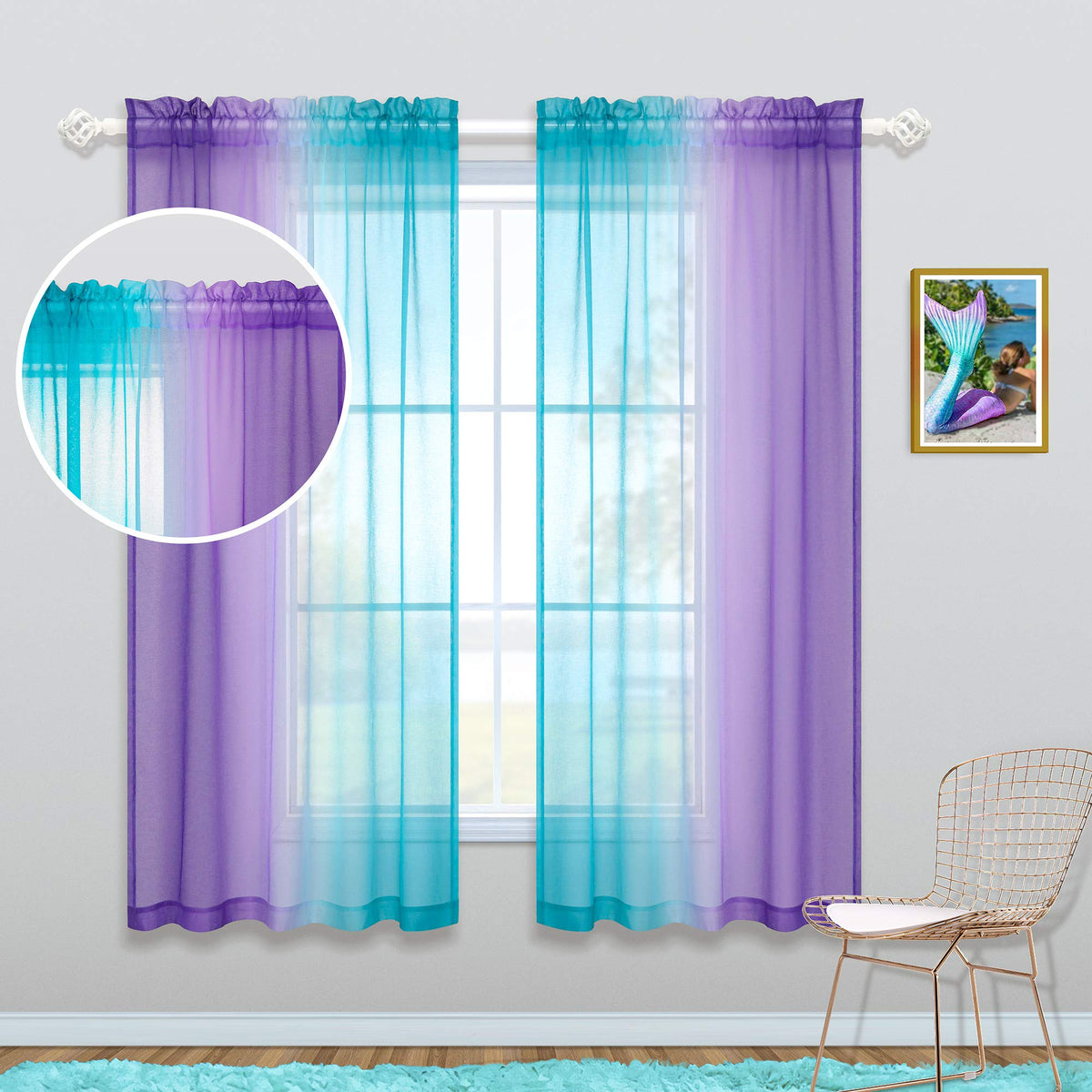 Ombre Design 2 Teal Purple Curtains 63 Inch Length For Girls Room Decor Set 2 Panel Pocket Window Sheer Cute Princess Curtains F