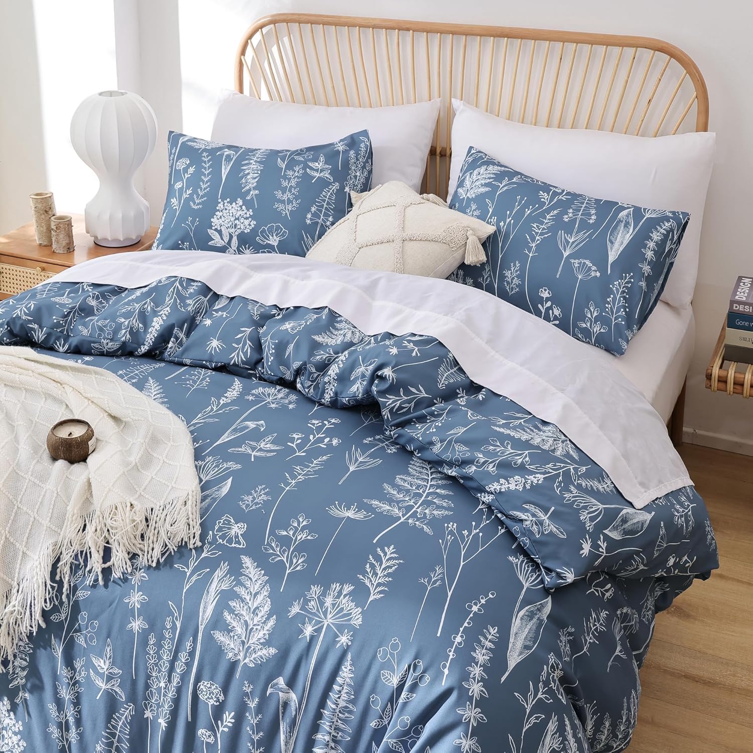 Janzaa Queen Comforter Set Infinity Blue Comforter Floral Bedding Sets 3 Pieces Flowers Bed Comforter 1 Soft Reversible Cute Botanical With 2 Pillow Shams