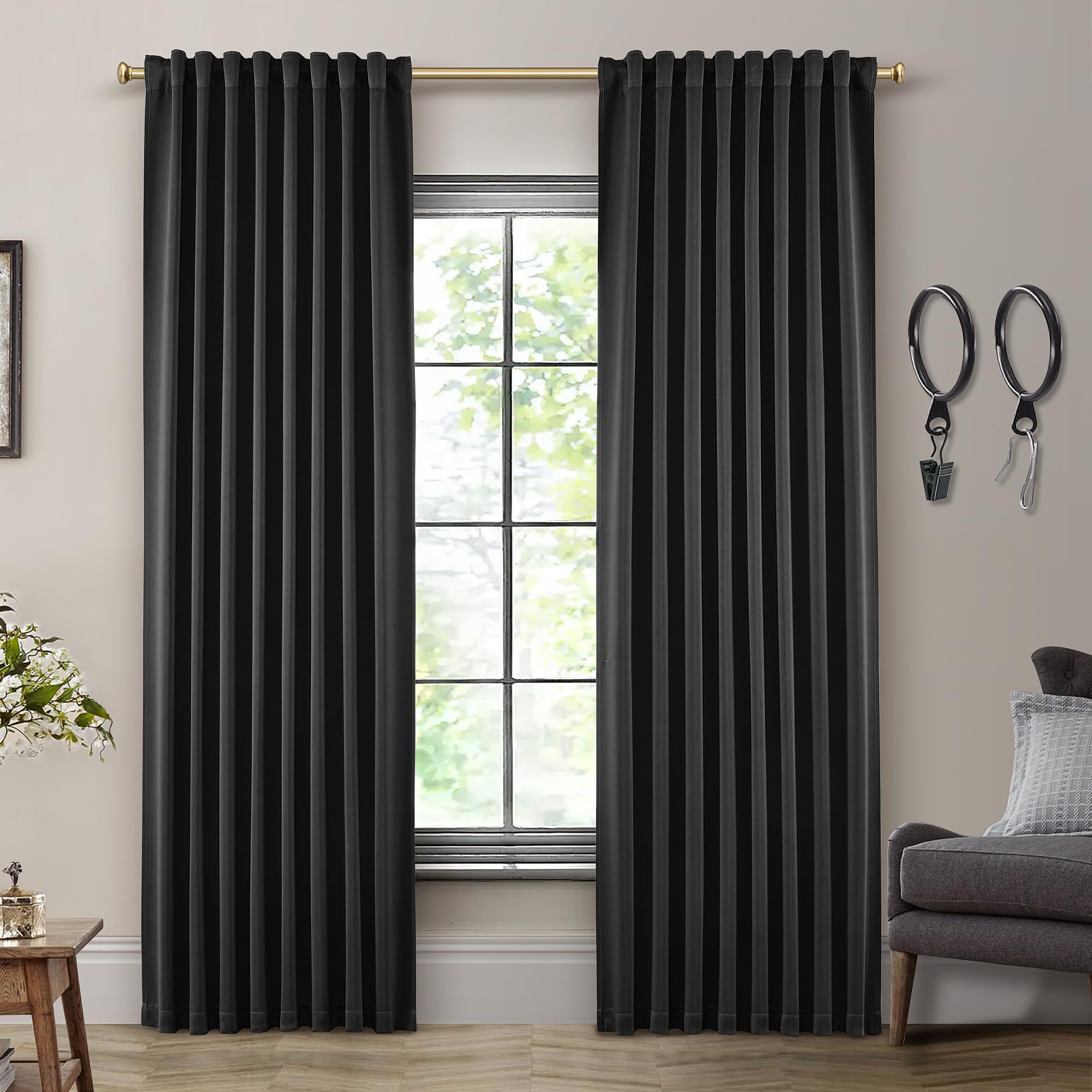 Shineland Black Curtains 96 Inches Long 2 Panel Set For Living Room,Blackout Room Darkening Thermal Back Tab Hooks Rings Pleat 8