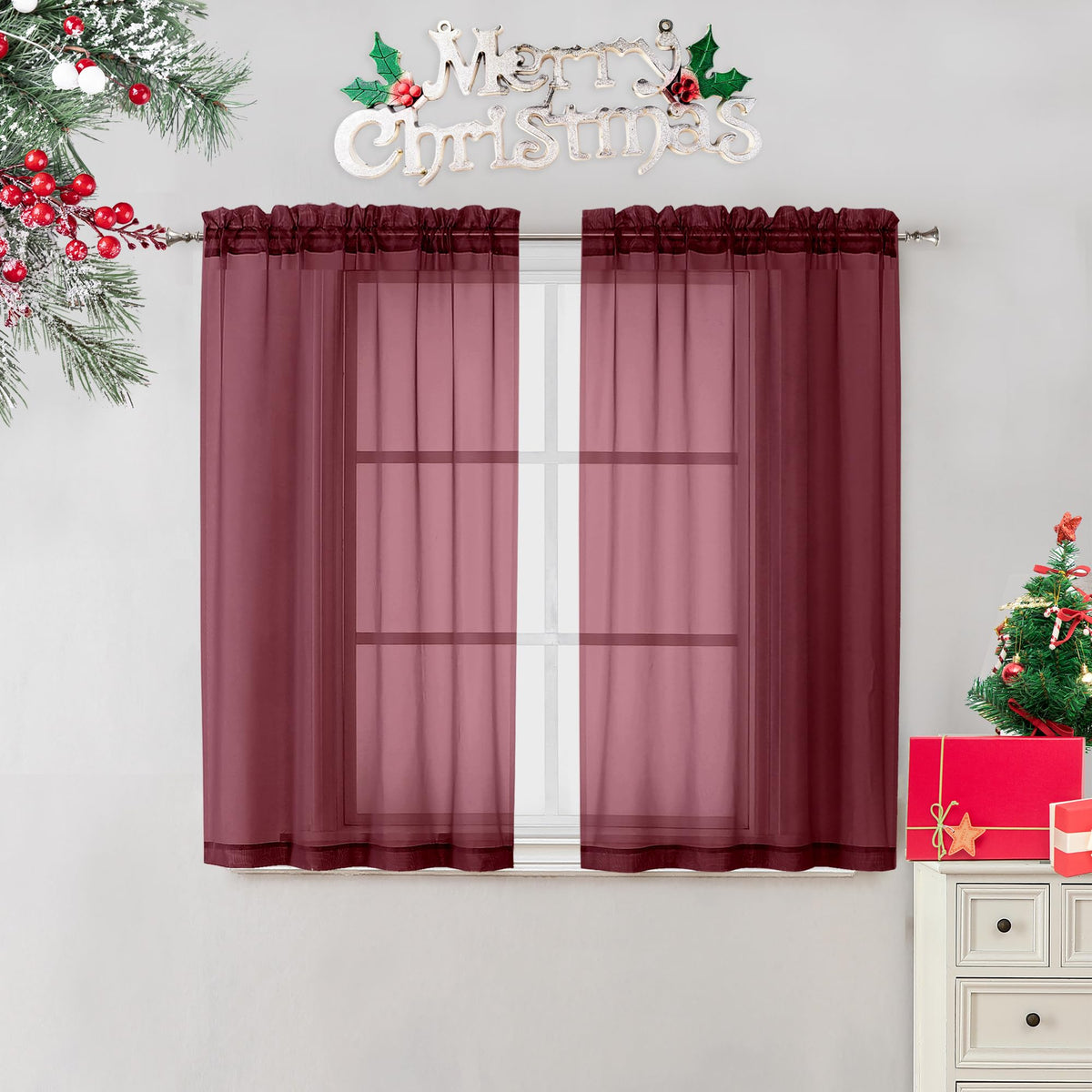 Ovzme 2 Panels Window Burgundy Sheer Curtains 42' X 45' Inches For Small Windows, Soft Touching Top Dual Rod Pocket Drapes For