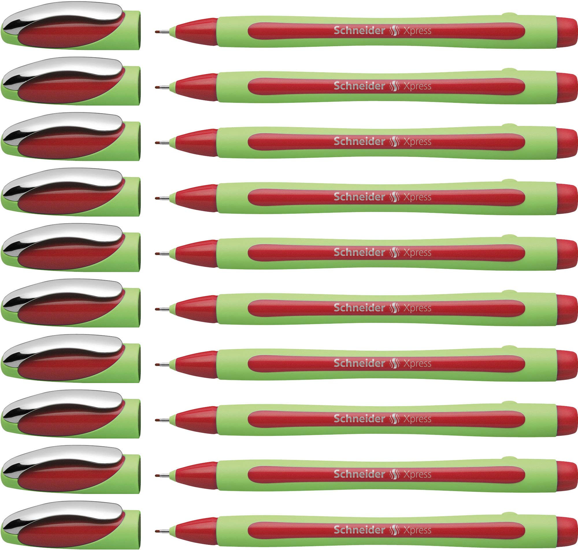 Schneider Xpress Premium Fineliner, 0.8 Mm Porous Point, Light Green Barrel, Red Ink, Box Of 10 Pens (190002)