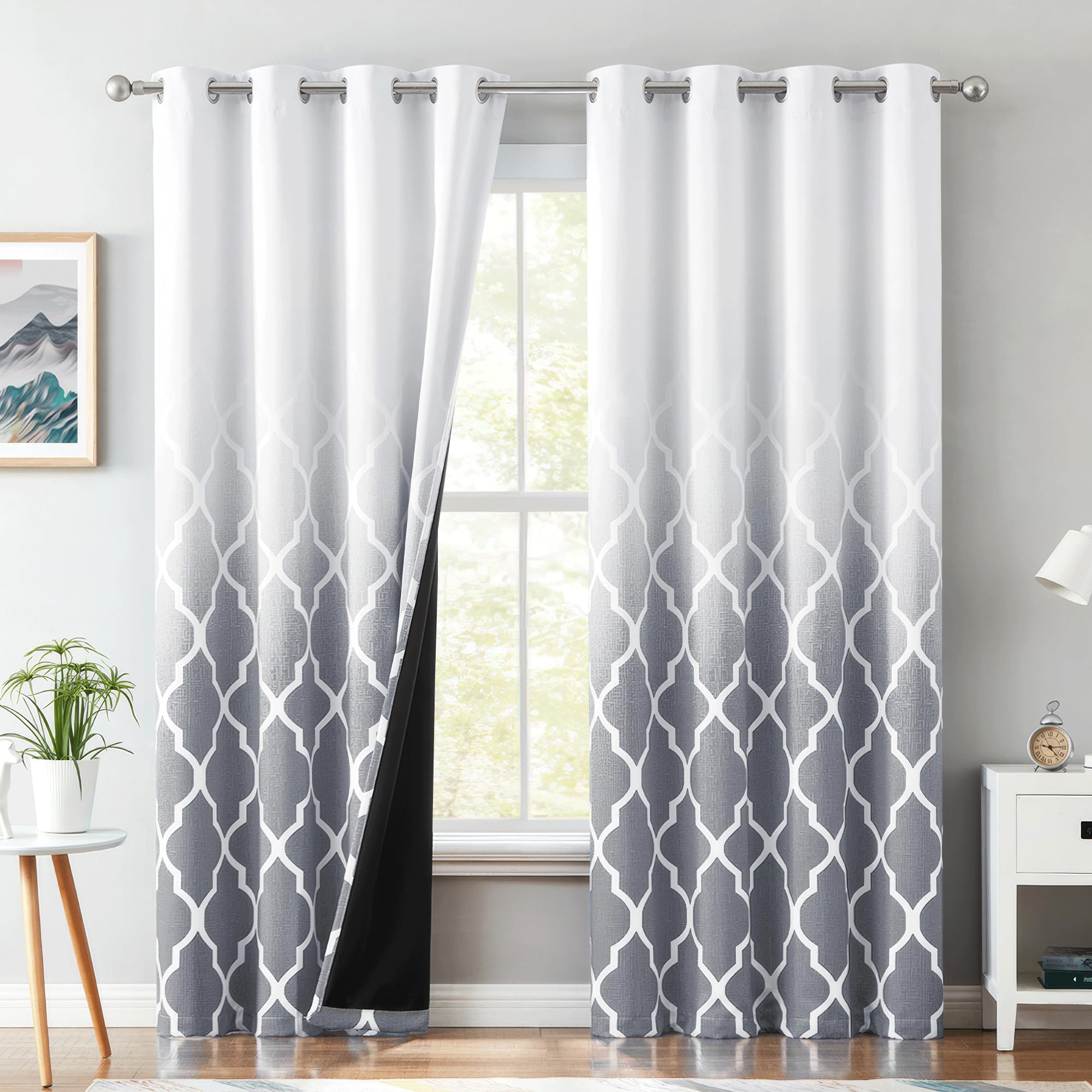 Metro Parlor Ombre Full Blackout Curtains 84 Inches Long 2 Panels For Living Room Bedroom Grey White Moroccan Printed Grommet To