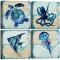 Navy Blue Beach Themed Fish Sea Turtle Jellyfish Octopus Wall Art Bathroom Decor Ocean Nursery Picture Canvas Kids Boho Under th