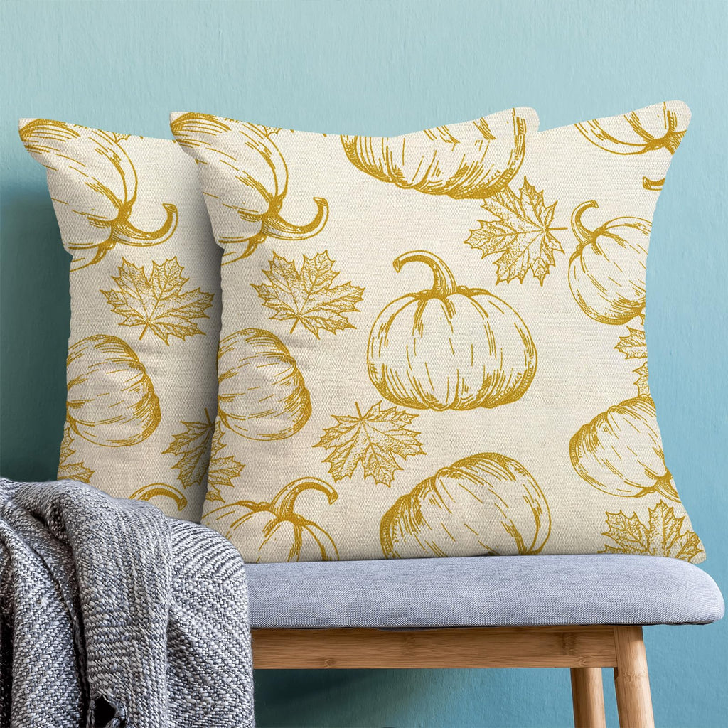 Autumn Pillow Covers 18X18 Set Of 2 Fall Yellow Pumpkin Maple Leaves Throw Pillow Covers Thanksgiving Decoration Pillowcase For