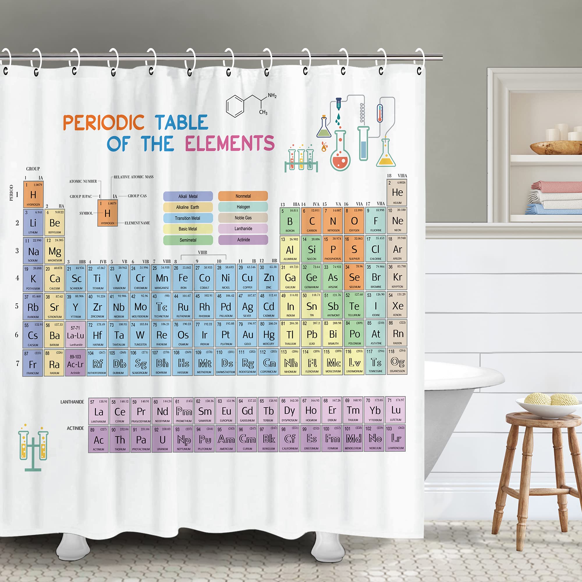 Rosielily Periodic Table Shower Curtain, Science Shower Curtain, Educational Shower Curtain, Decor Waterproof Bathroom Curtain,