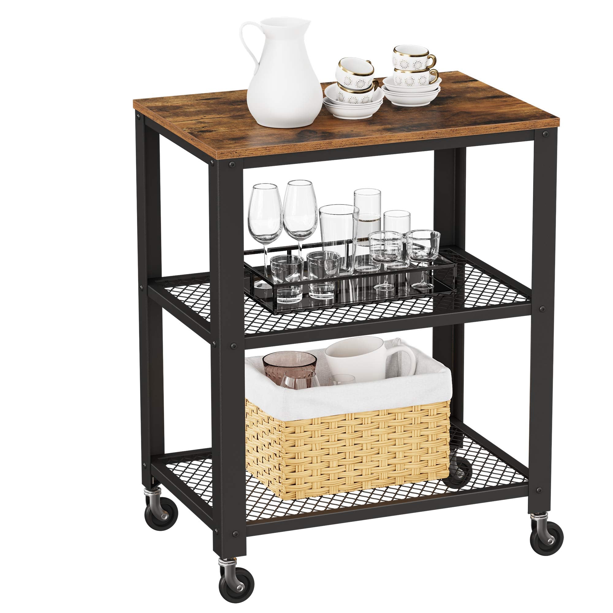 VASAGLE BRYCE Serving Cart, 3-Tier Kitchen Utility Cart on Wheels with Storage, for Living Room, Accent Furniture with Steel Fra