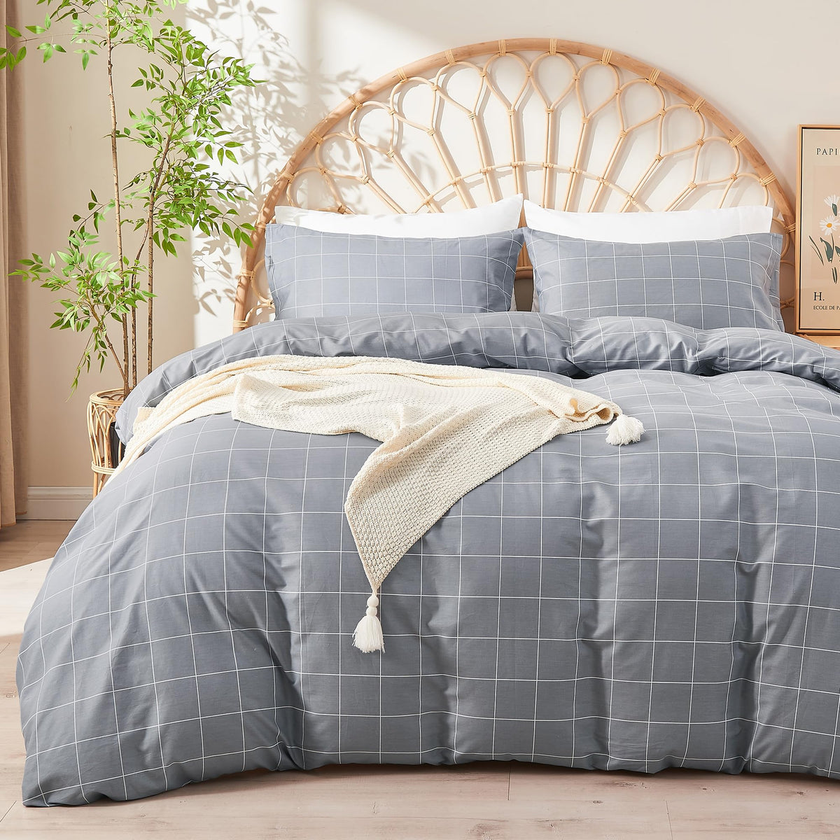 Jellymoni 100% Natural Cotton 2Pcs Plaid Duvet Cover Sets, Checkered Twin Comforter Cover, 1 Duvet Cover And 1 Pillow Shams With