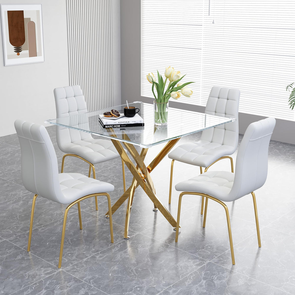 5 Piece Square Glass Dining Table Set, Round Tempered Glass Kitchen Table For 4, Modern Table With 4 High-Back Upholstered Chair