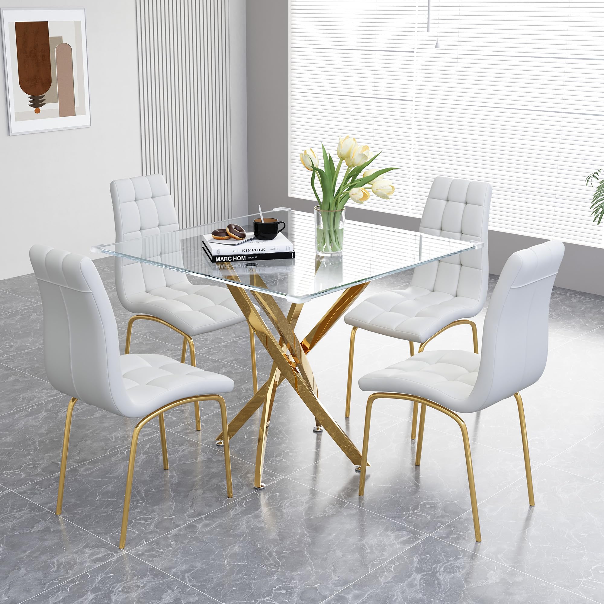 5 Piece Square Glass Dining Table Set, Round Tempered Glass Kitchen Table For 4, Modern Table With 4 High-Back Upholstered Chair
