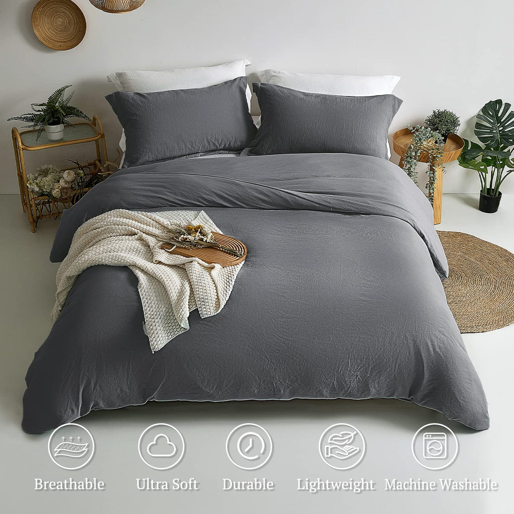 Mildly Super Soft Duvet Cover - 100% Washed Microfiber Dark Grey Comforter Cover Set 3 Pieces With Zipper Closure & Corner Ties