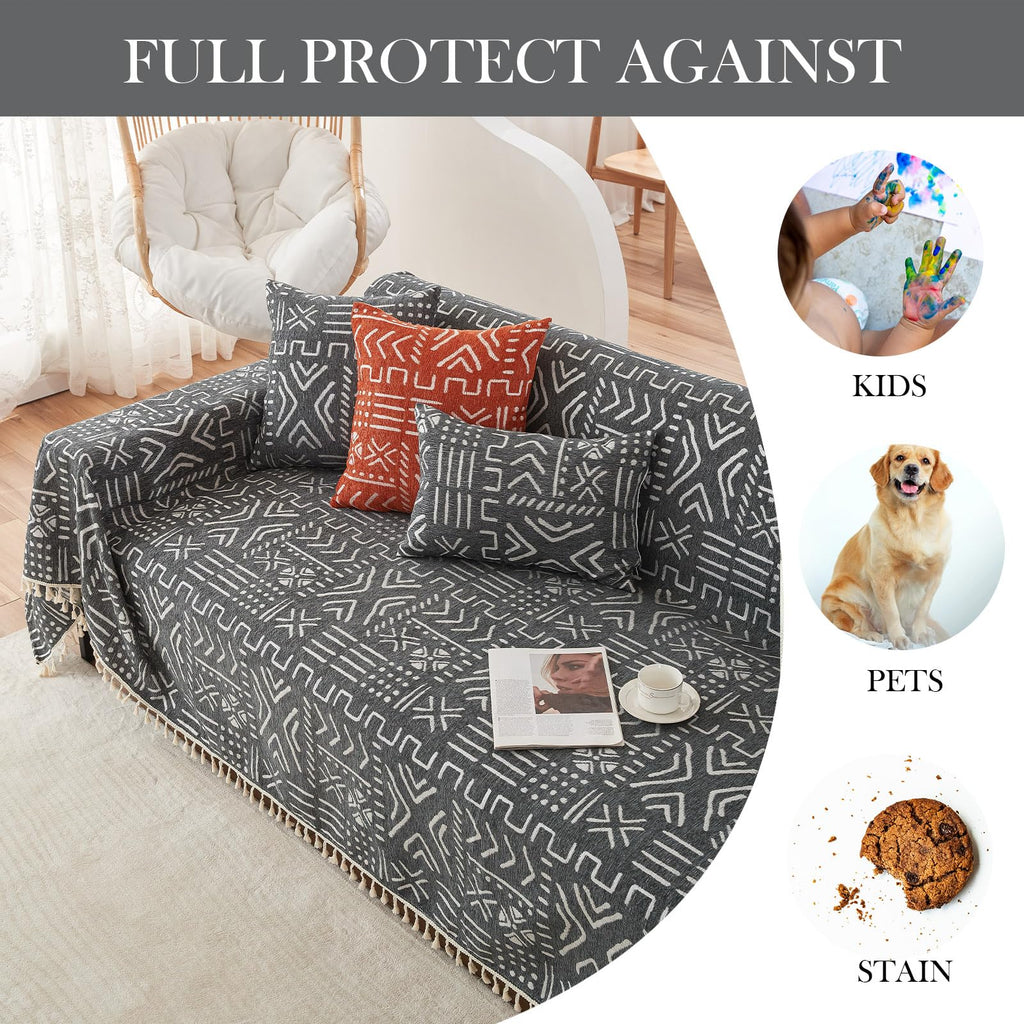 Handontime Black White Boho Sofa Cover Geometric Farmhouse Tassel Couch Covers Boho Living Room Décor Dog Sofa Covers For Slipcover Aesthetic Couch Cushion Cover Couch Protector For Dogs, 71' X134'