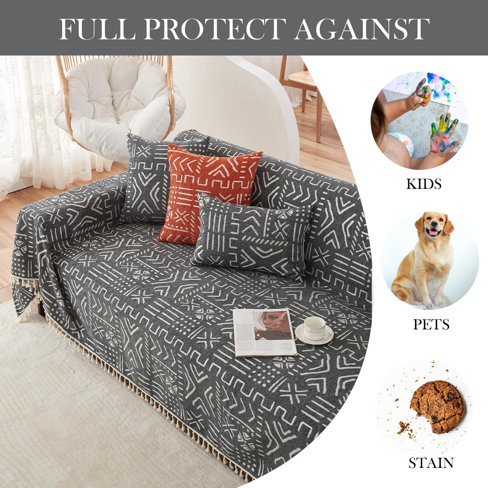 Handontime Black White Boho Sofa Cover Geometric Farmhouse Tassel Couch Covers Boho Living Room Décor Dog Sofa Covers For Slipcover Aesthetic Couch Cushion Cover Couch Protector For Dogs, 71' X134'
