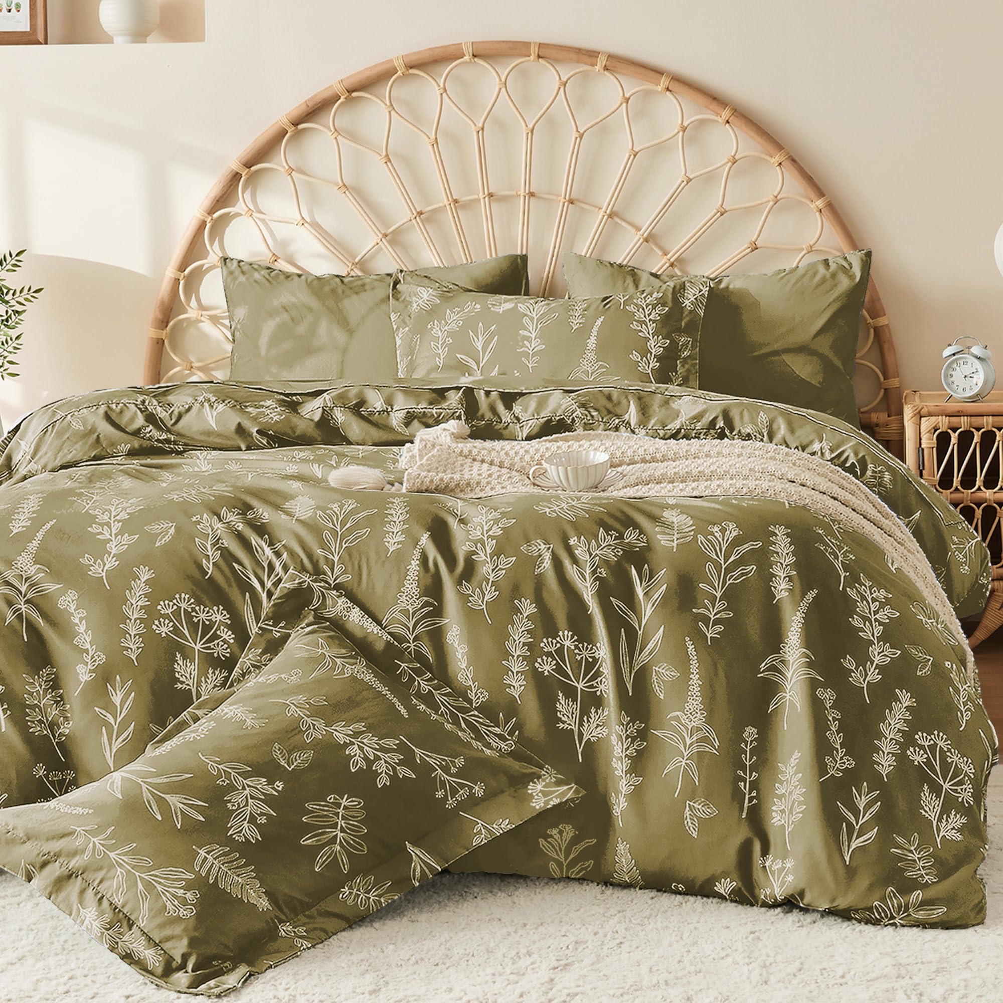 Muxhomo Duvet Cover Queen Size, Reversible Floral Olive Green Duvet Cover Set With Zipper Closure, 3 Pieces Botanical Patterns S