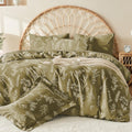 Muxhomo Duvet Cover Full Size, Reversible Floral Olive Green Duvet Cover Set With Zipper Closure, 3 Pieces Botanical Patterns So