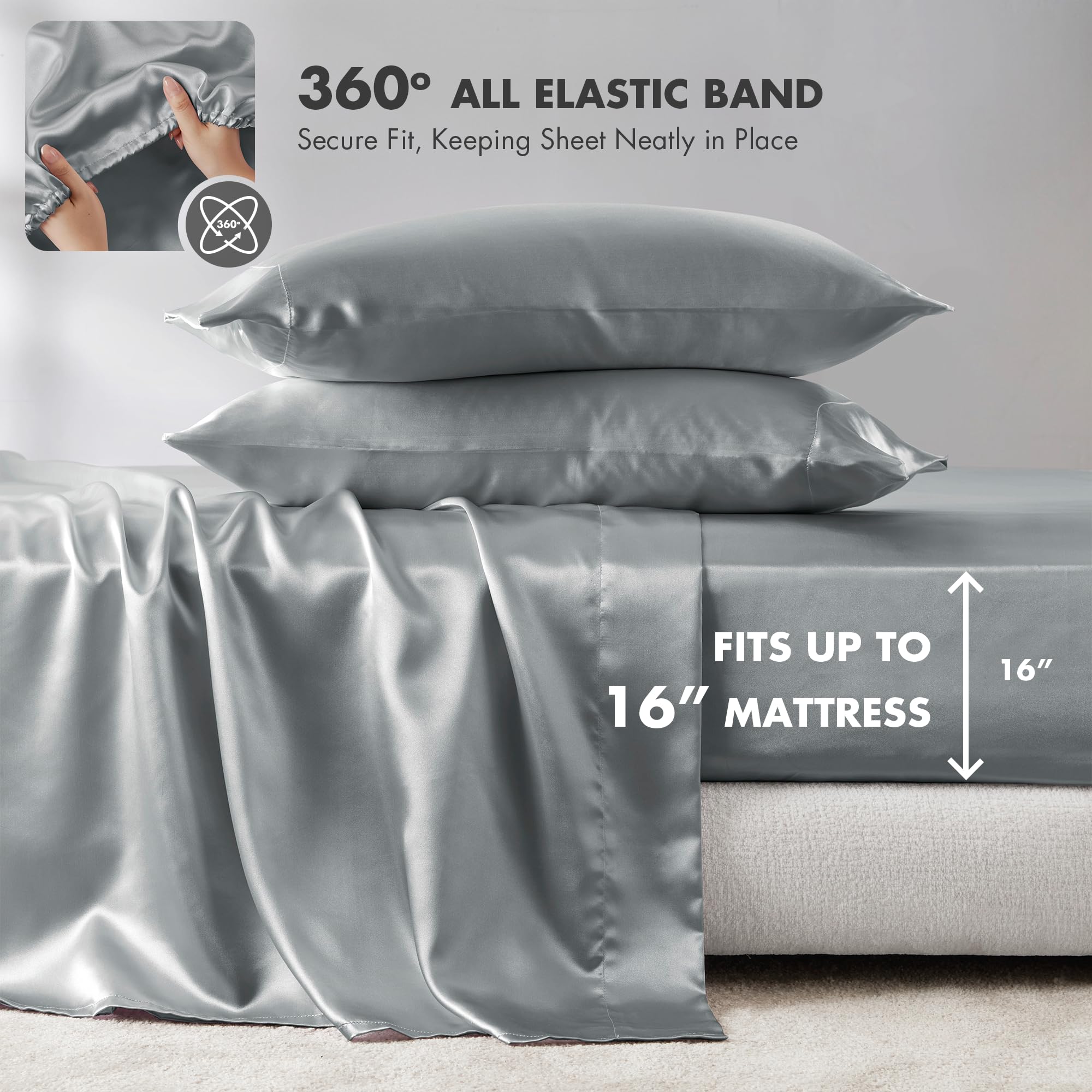 Madison Park Essentials Satin Sheets Split King Size, Luxurious Silky Satin Bed Sheets, Elastic 14' Pocket Fits Up To 16' Mattress, Wrinkle-Free, Soft Satin Bed Sheet Set, Grey 7 Piece