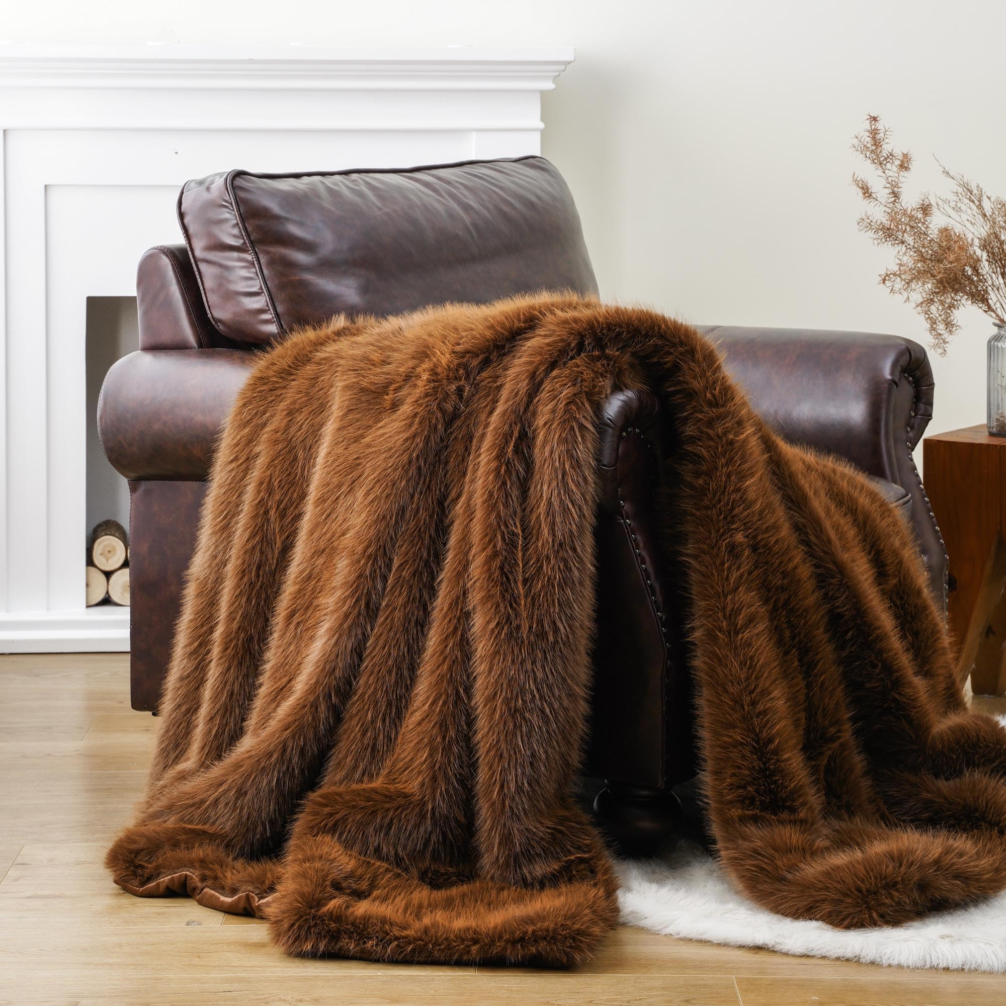 Battilo Home Luxury Fluffy Faux Fur Throw Blanket, Golden Brown Faux Fur Blanket For Couch, Sofa, Chair, Bed, Furry Silky Fur Th