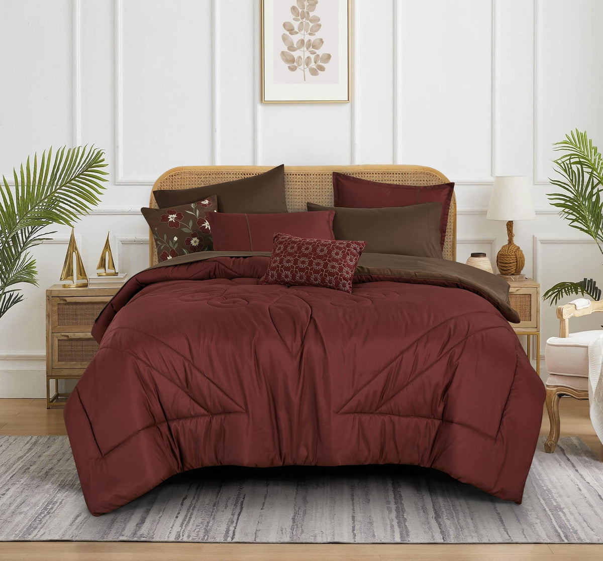 Esca Bed-In-A-Bag 9-Pieces Umay Floral Burgundy Comforter And Sheet Set Cal King Brown Size Bed In Bag