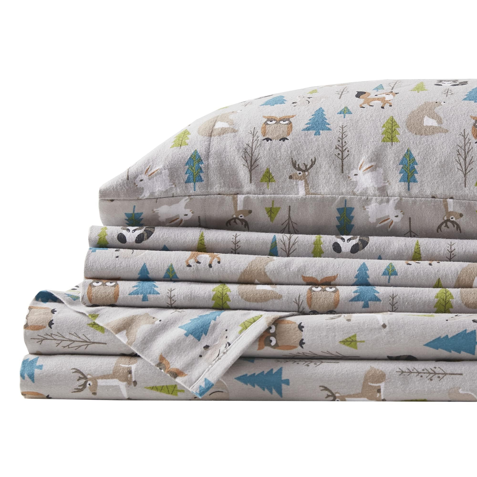 Comfort Spaces Cotton Flannel Breathable Warm Deep Pocket Sheets with Pillow Case Bedding, Twin, Multi Forest Animal 3 Piece