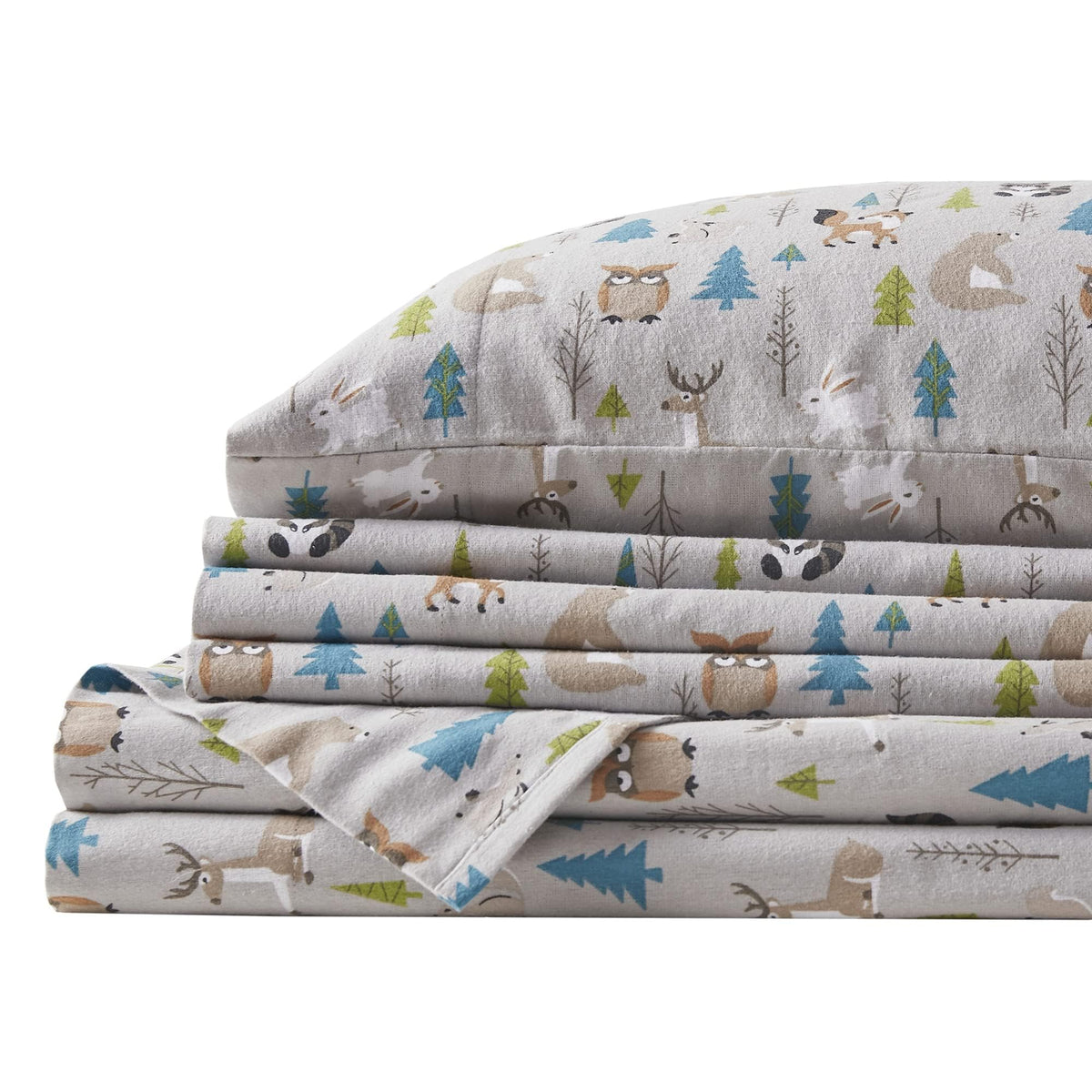Comfort Spaces Cotton Flannel Breathable Warm, Deep Pocket Sheets with Pillow Case Bedding, Queen, Multi Forest Animals 4 Piece
