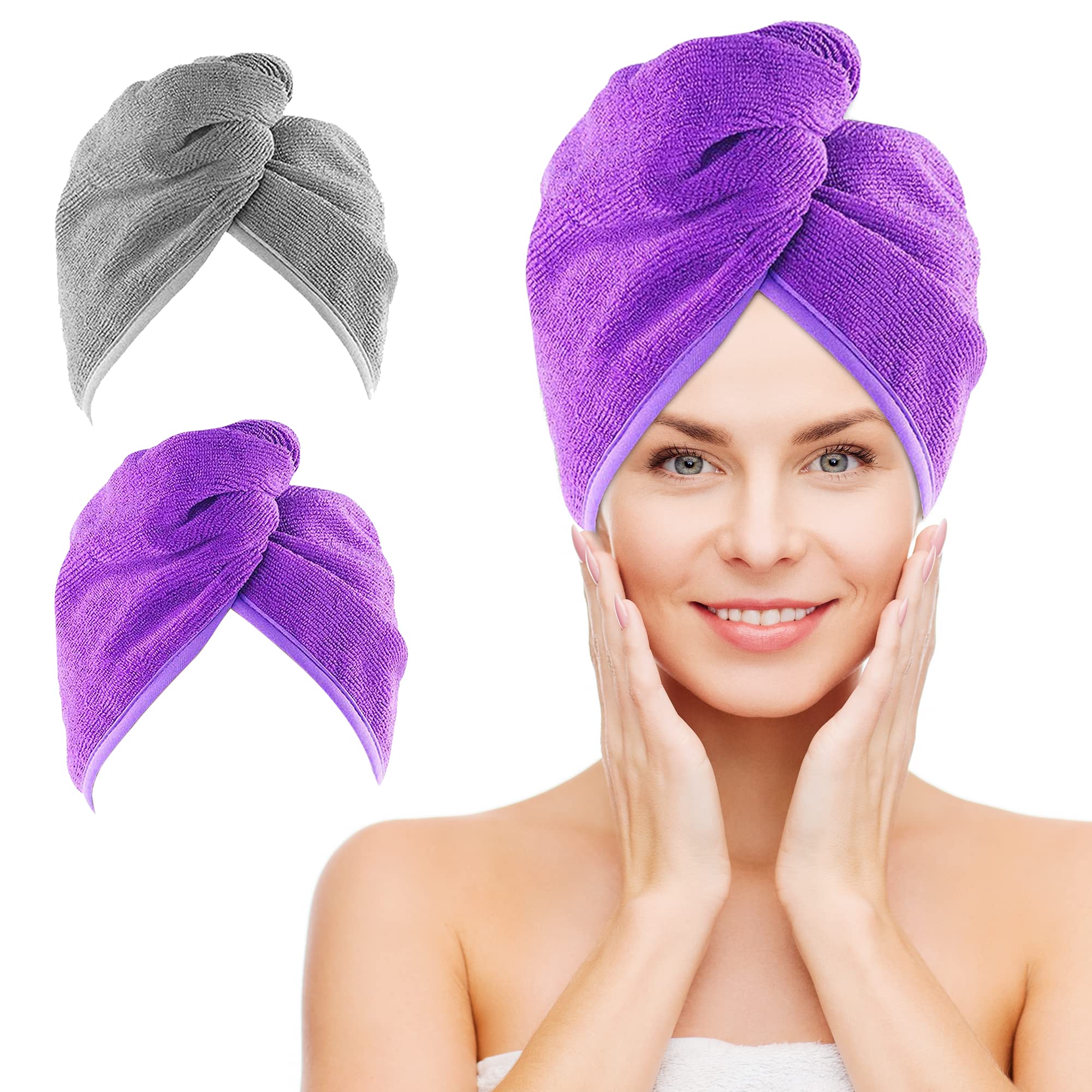 NEXCOVER Microfiber Hair Towel, 2 Pack (Grey+Purple) 9.8 inch X 25.5 inch Hair Turbans,Ultra Absorbent,Fast Drying Towel Wraps,H