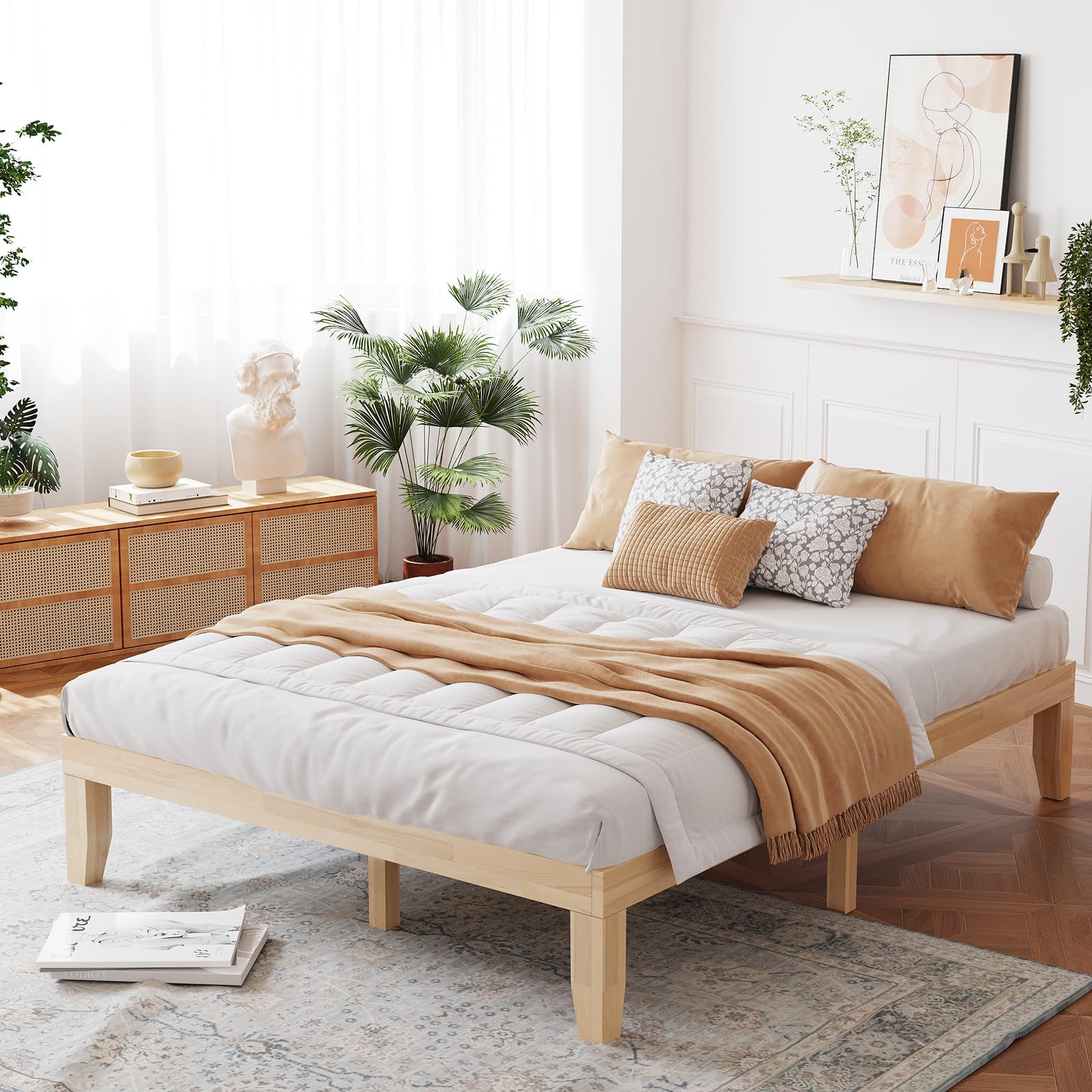 Giantex 14 Inch Queen Wood Platform Bed Frame, Minimalist Mattress Foundation With Solid Rubber Wood, Heavy Duty Wood Slat Support, Without Headboard, Easy Assembly, No Box Spring Needed, Natural