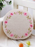 Mezposh Rustic Natural And Pink Cotton Chambray Floral Embroidered Cushion Cover (16 Dia) Set Of 2