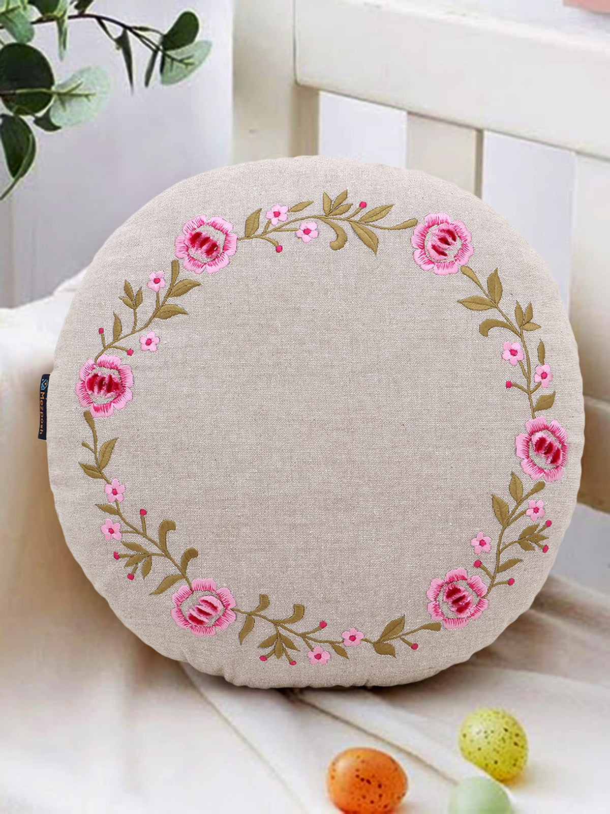 Mezposh Rustic Natural And Pink Cotton Chambray Floral Embroidered Cushion Cover (16 Dia) Set Of 2