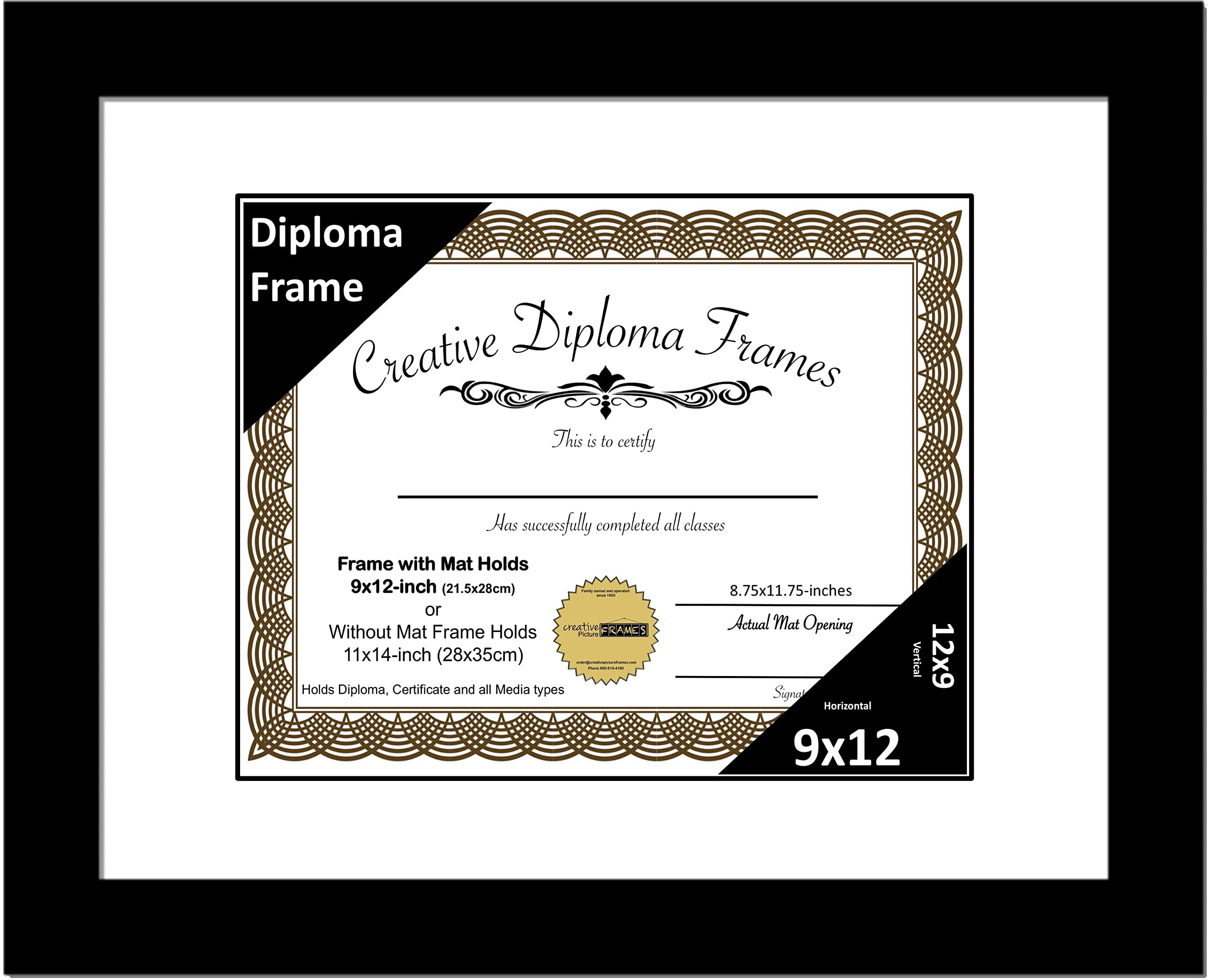 Creative Picture Frames 9x12 Classic Black Diploma Frame with White Mat Glass Easel and Installed Wall Hangers | Frame Holds 11x