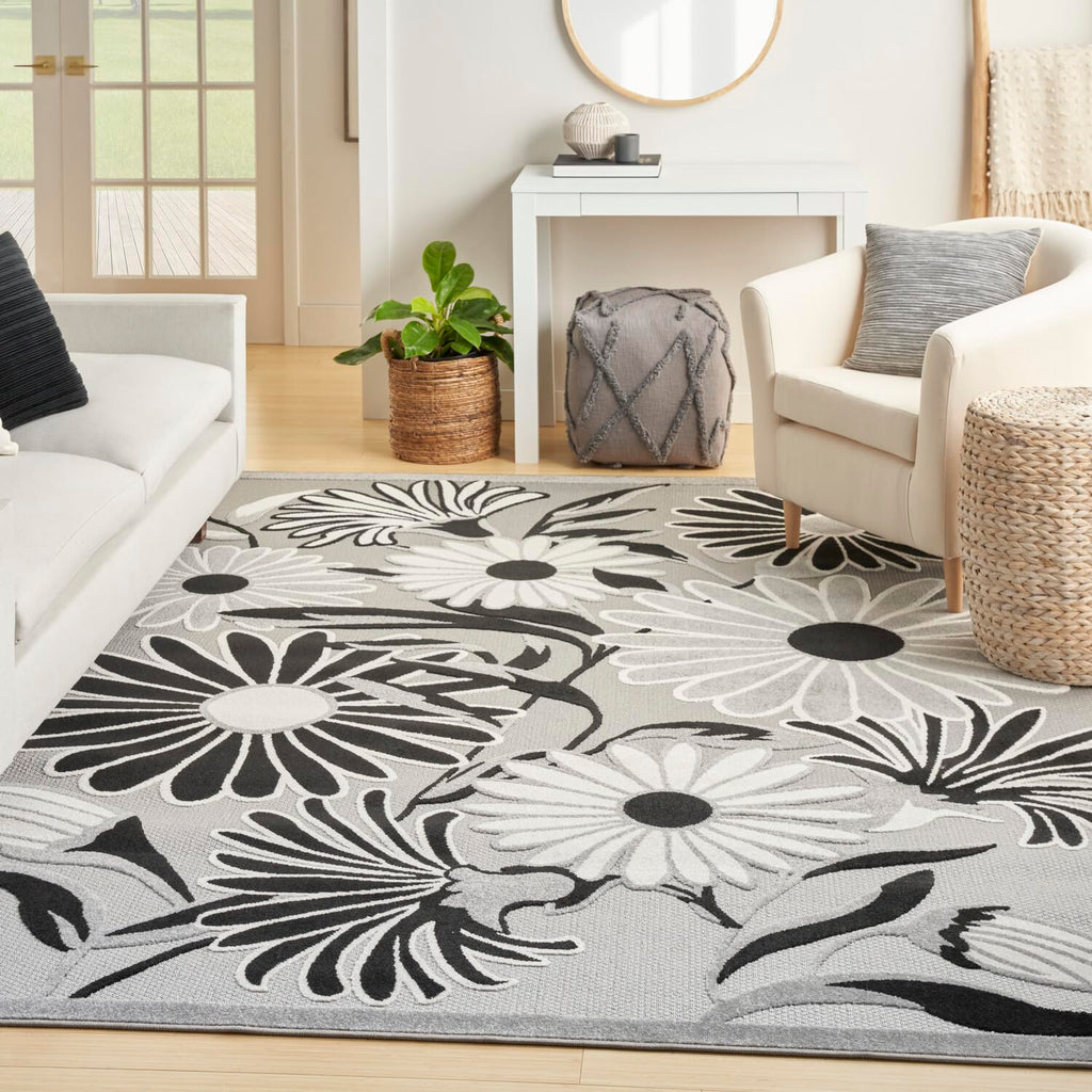 Nourison Aloha Indoor/Outdoor Black White 7'10' X 10'6' Area Rug, Easy Cleaning, Non Shedding, Bed Room, Living Room, Dining Room, Kitchen (8X11)