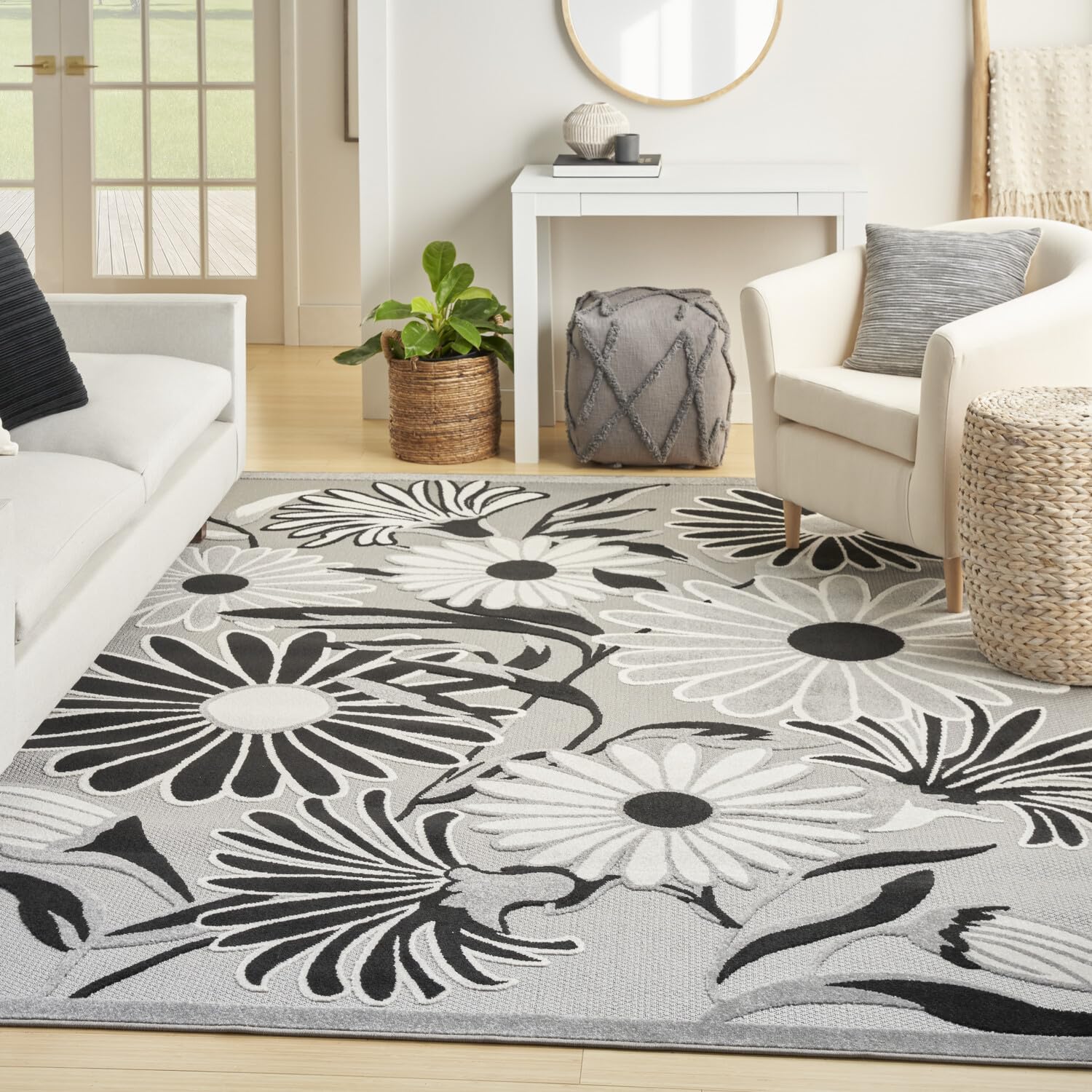Nourison Aloha Indoor/Outdoor Black White 7'10' X 10'6' Area Rug, Easy Cleaning, Non Shedding, Bed Room, Living Room, Dining Room, Kitchen (8X11)