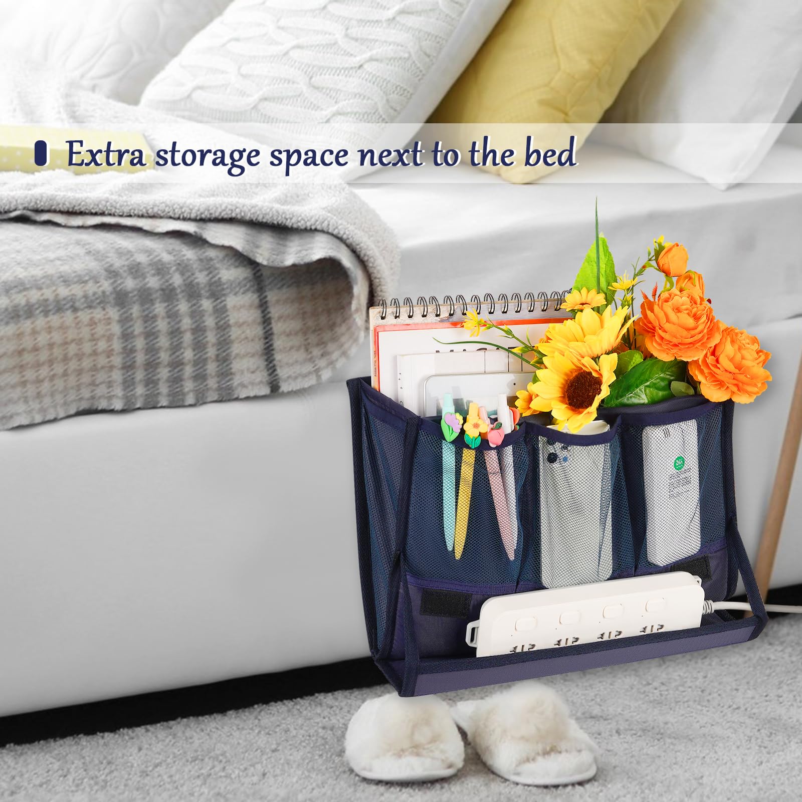 Retyion Bedside Storage Organizer With Power Strip Holder And Adjustable Straps Bed Hanging Bag For Home Bunk Bed Dorm Sofa (Nav