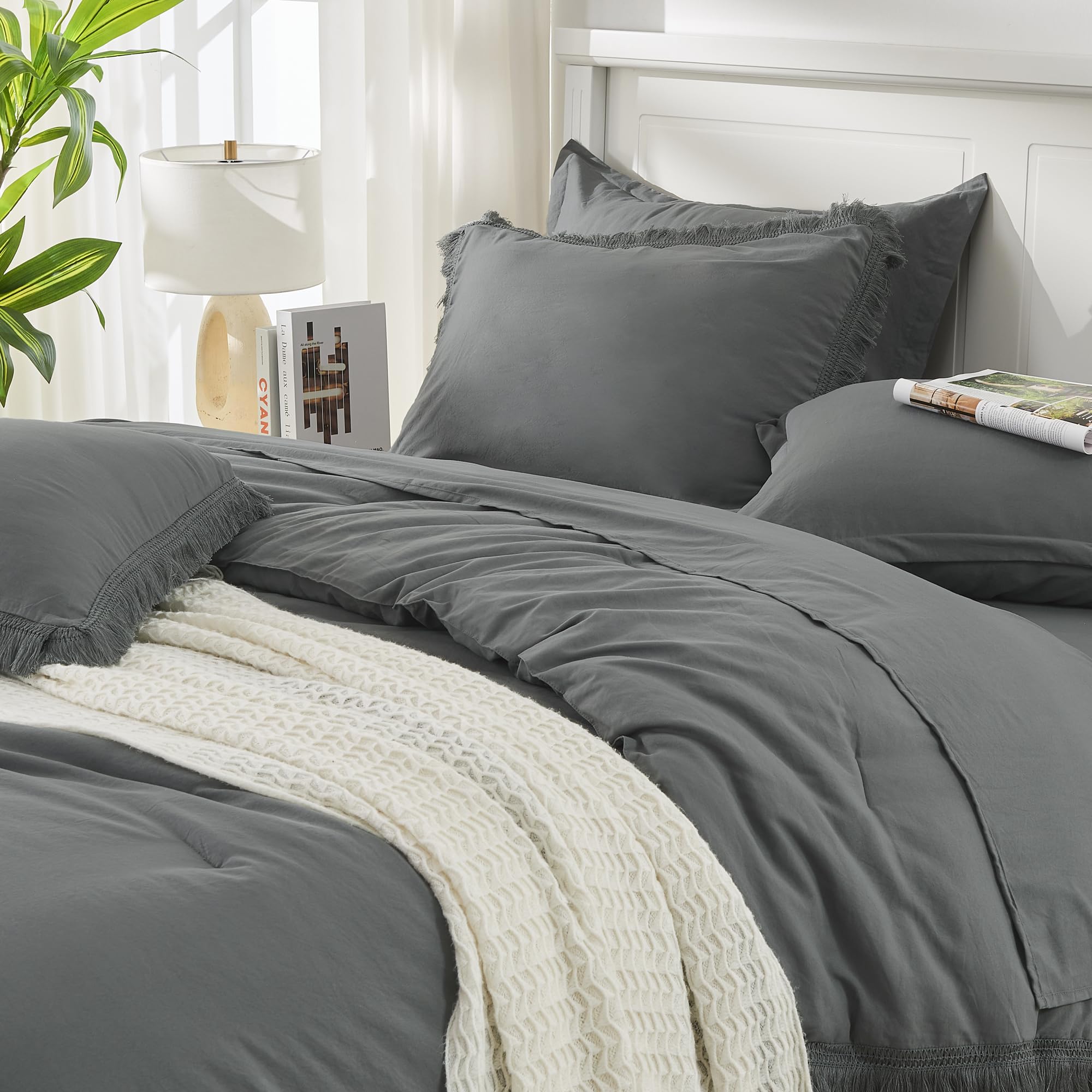 Andency California King Size Comforter Set With Sheets Dark Grey - 7 Pieces Cal King Bed In A Bag Boho Bedding Sets, Dark Grey Bed Set With Comforter, Sheets, Pillowcases & Shams