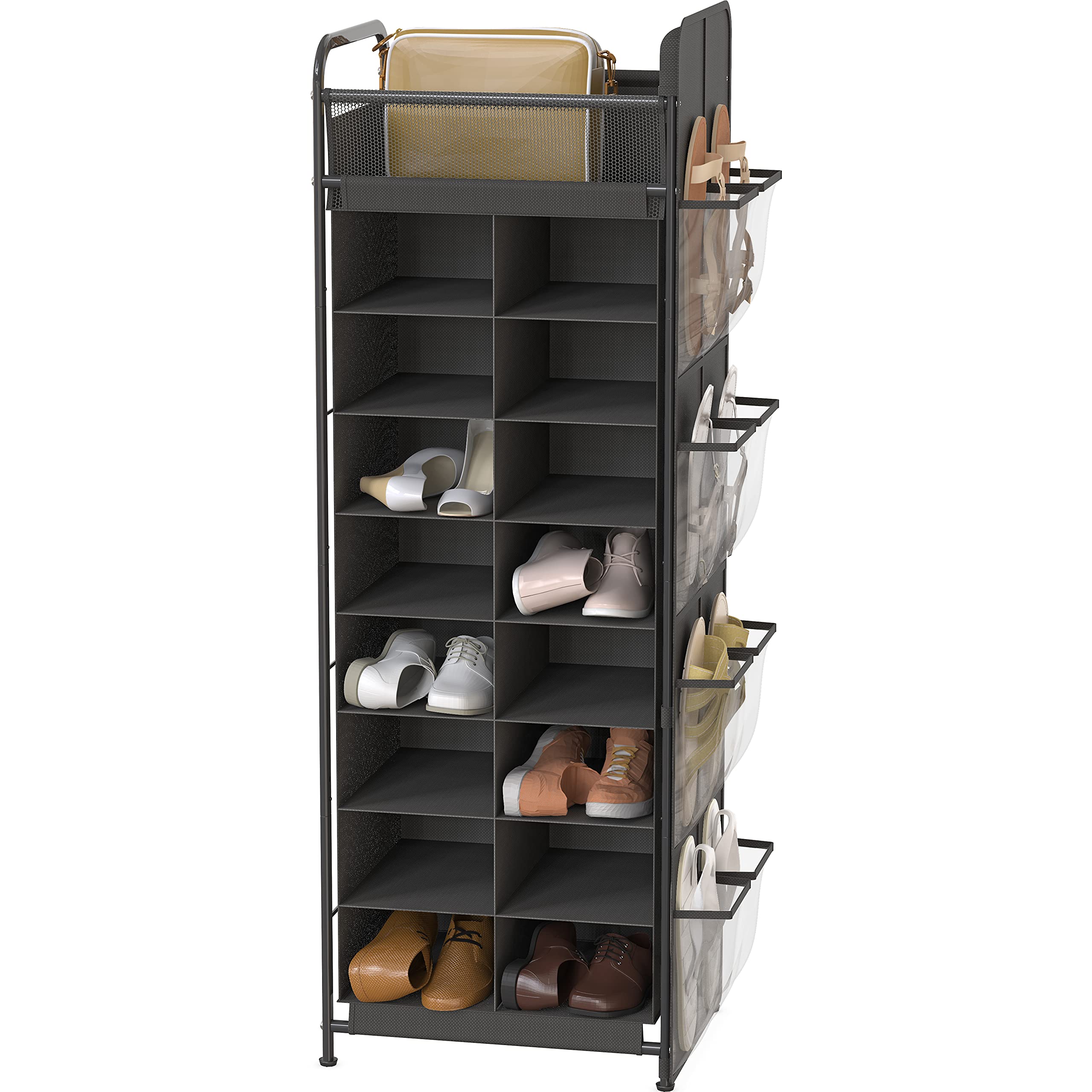 Simple Houseware Shoe Stand Tower Rack w/side hanging bag 20-Pair, Dark Grey