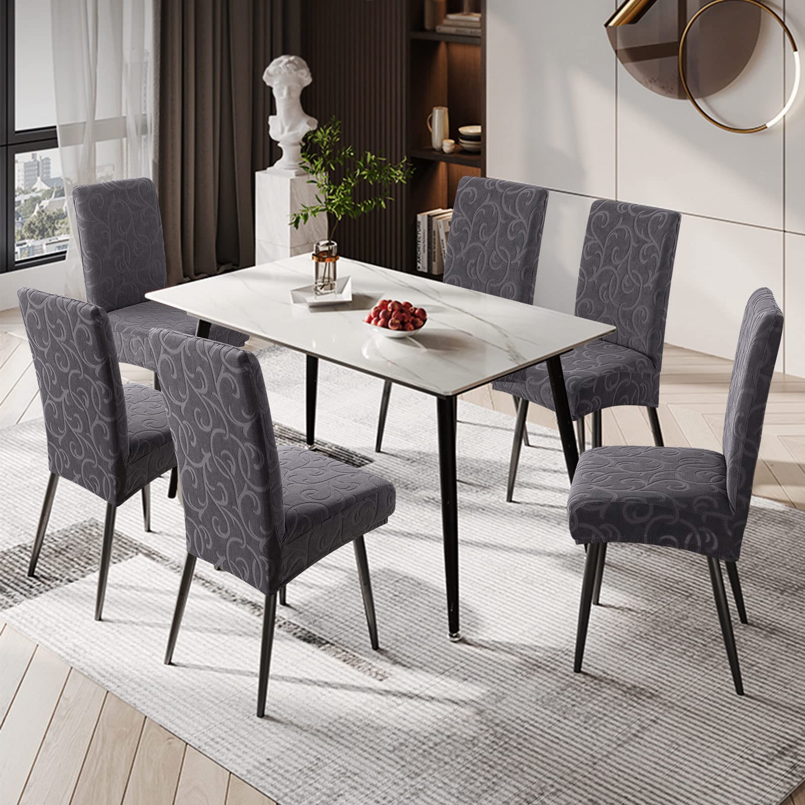Genina Waterproof Dining Room Chair Covers Stretch Parsons Chair Slipcovers For Dining Room Kitchen Chair Protector Cover, Removable, Washable (6, Flower Pattern-Dark Gray)