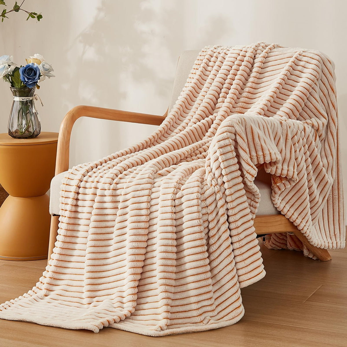 Emme Fleece Twin Blanket For Couch Yellow, Soft, Plush, Warm And Cozy Blanket, Single Layer, Striped 3D Touch, Perfect For Bed C