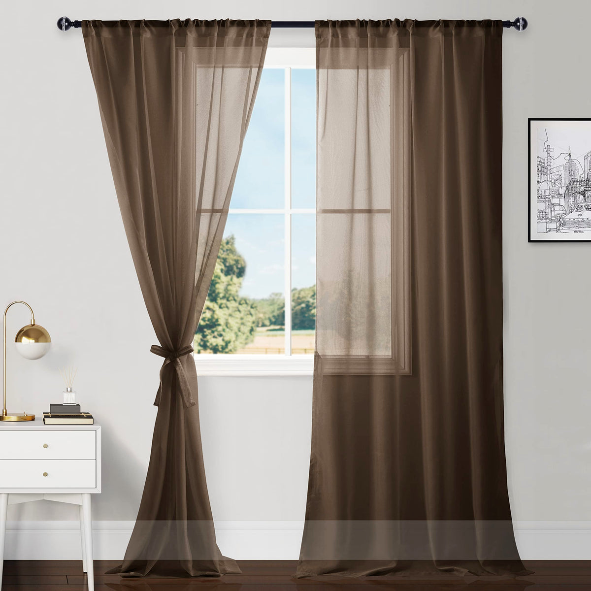Hiasan Brown Sheer Curtains 96 Inches Long With Tiebacks, Lightweight And Light Filtering Voile Drapes Rod Pocket Window Curtain