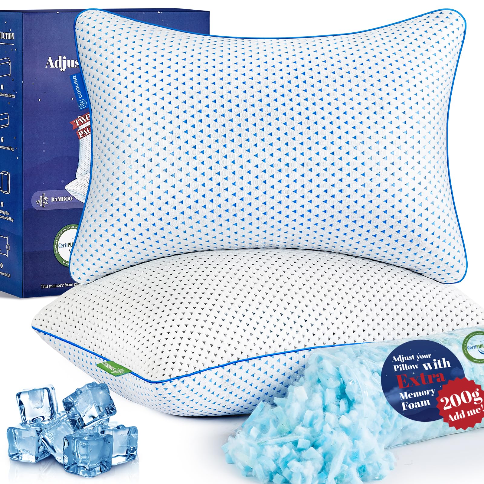 Cooling Gel Memory Foam Pillows Queen Size Set Of 2 For Sleeping,Bamboo Rayon Adjustable Firm Shredded Foam Bed Pillows 2 Pack F