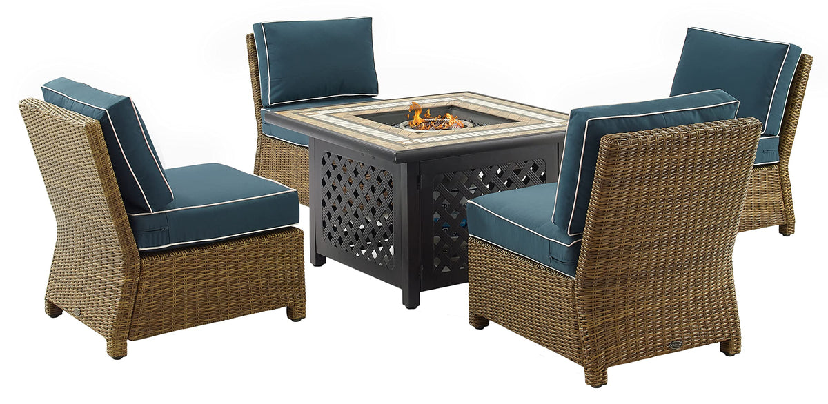 Crosley Furniture Bradenton 5-Piece Wicker Outdoor Chair Patio Furniture Set with Propane Gas Fire Pit Table, Brown with Navy Cushions