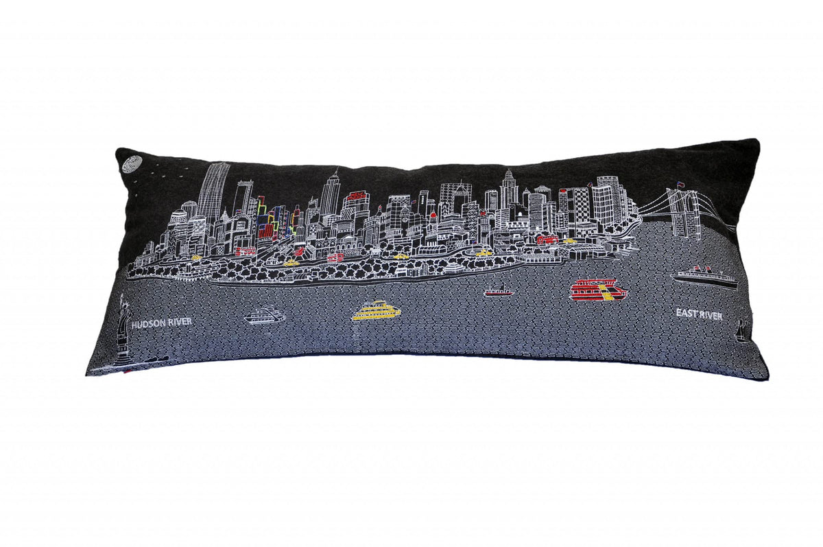 HomeRoots Grey 35' Black and White NYC Nighttime Skyline Standard Lumbar Decorative Pillow