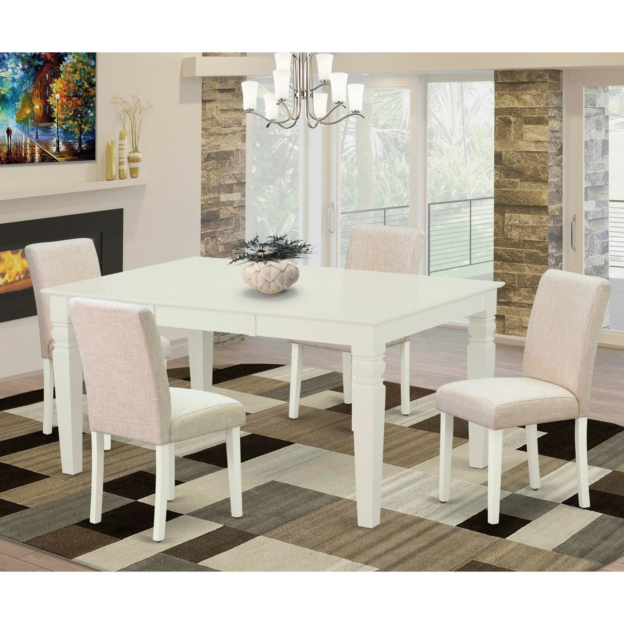 East West Furniture Weab5-Lwh-02 5 Piece Dining Room Set Includes A Rectangle Wooden Table With Butterfly Leaf And 4 Light Beige Linen Fabric Parson Dining Chairs, 42X60 Inch, Linen White