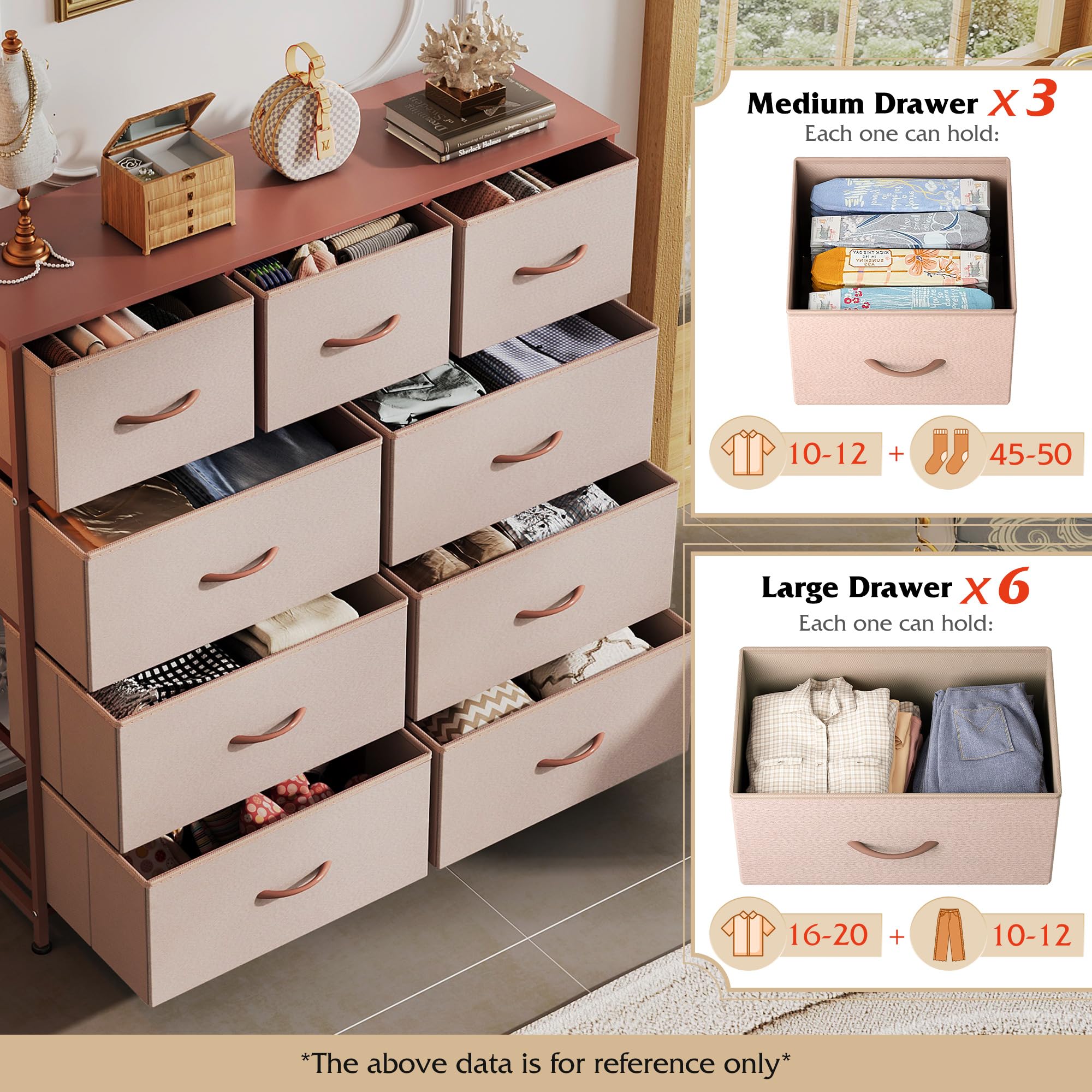 Wlive 9-Drawer Dresser, Fabric Storage Tower For Bedroom, Hallway, Entryway, Closet, Tall Chest Organizer Unit With Fabric Bins, Steel Frame, Wood Top, Easy Pull Handle, Pink