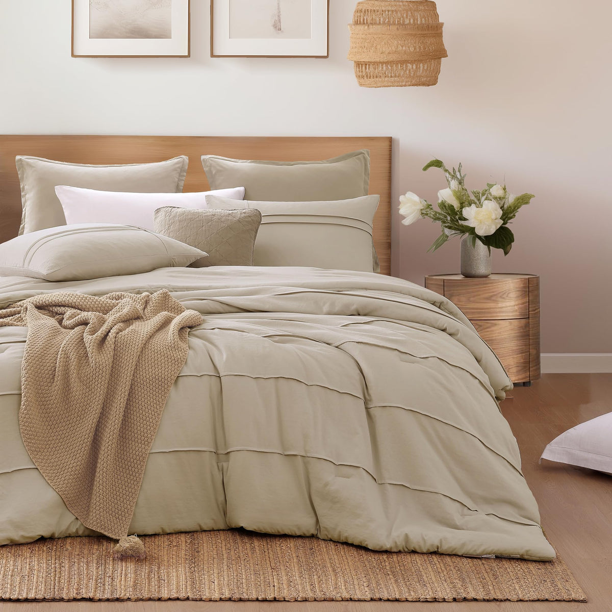 Amberspace Boho Beige Twin Xl Comforter,Lightweight Dorm Comforter Set,Dark Beige Twin Bed Set,Pinch Pleat Twin Bedding Sets,2 P