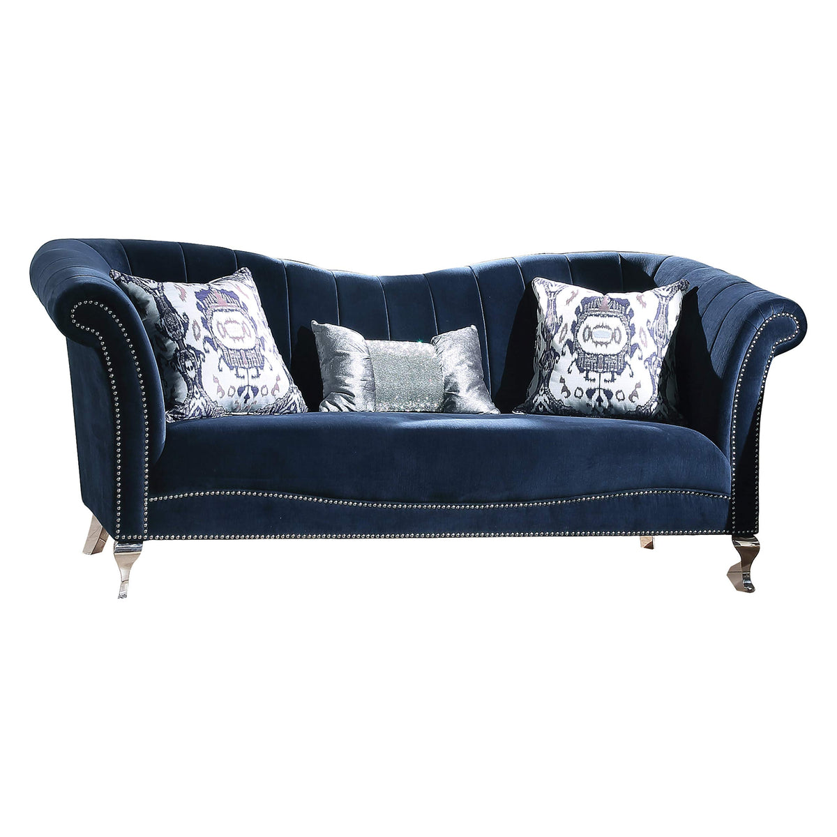 HomeRoots Furniture 37' X 89' X 39' Blue Velvet Upholstery Acrylic Leg Sofa w/3 Pillows