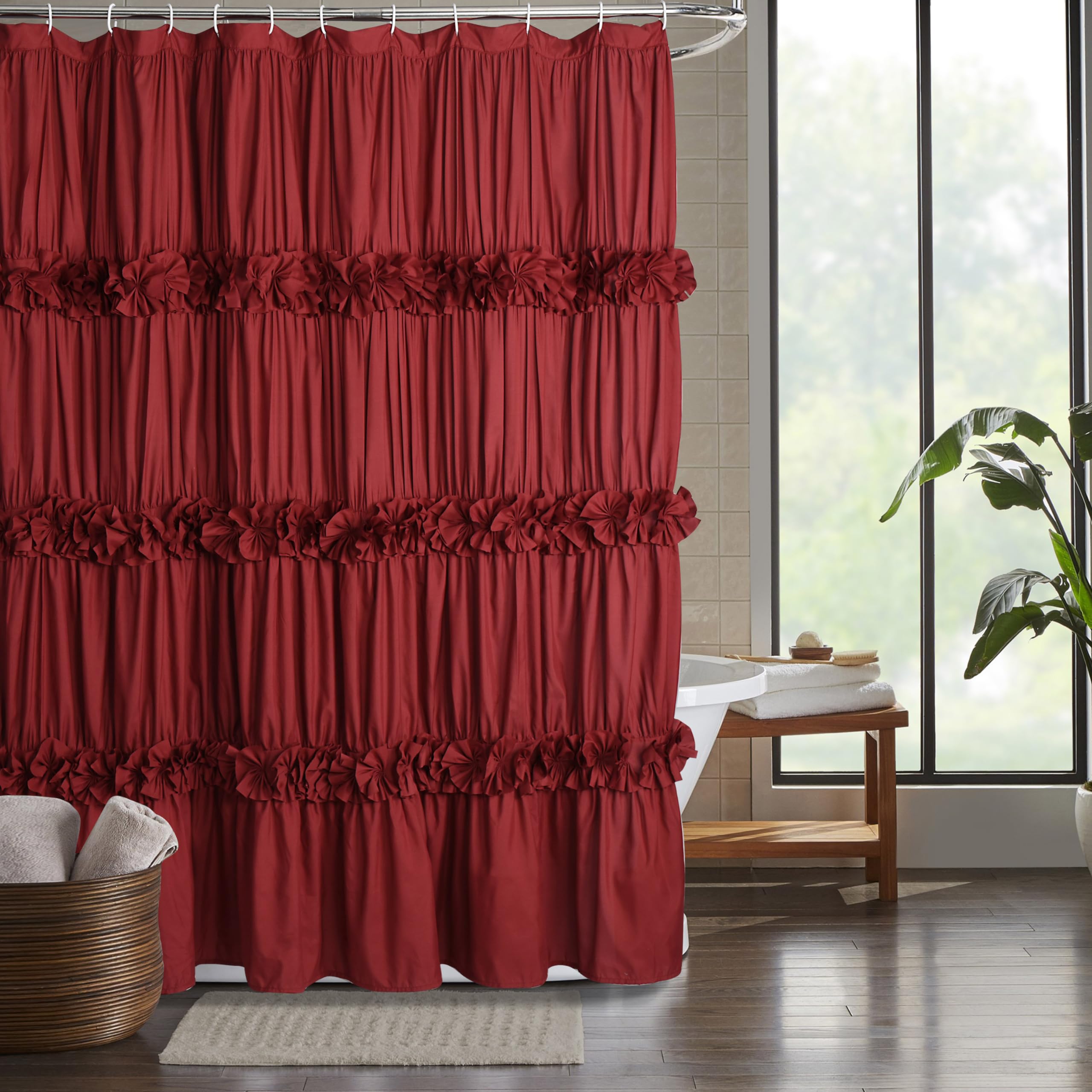Homechoice Decor Burgundy Ruffle Shower Curtain, Vintage Handcrafted Bow Tie Bath Curtain For Master Bathroom, Ruched Microfiber