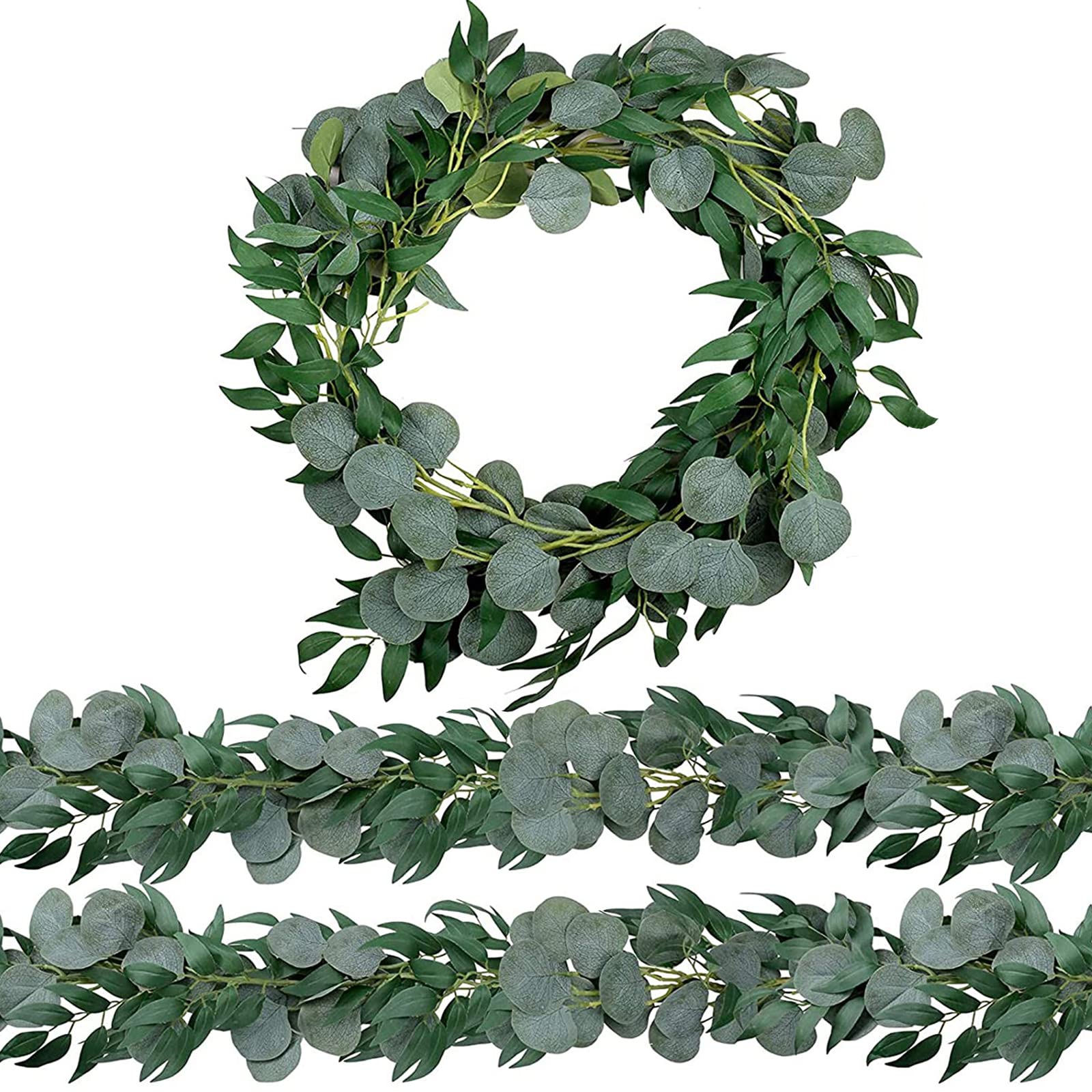 Trimgrace 2 Pack 6.5 Feet Artificial Eucalyptus Garland with Willow Leaves Faux Greenery Garland for Wedding Party Home Table Ru
