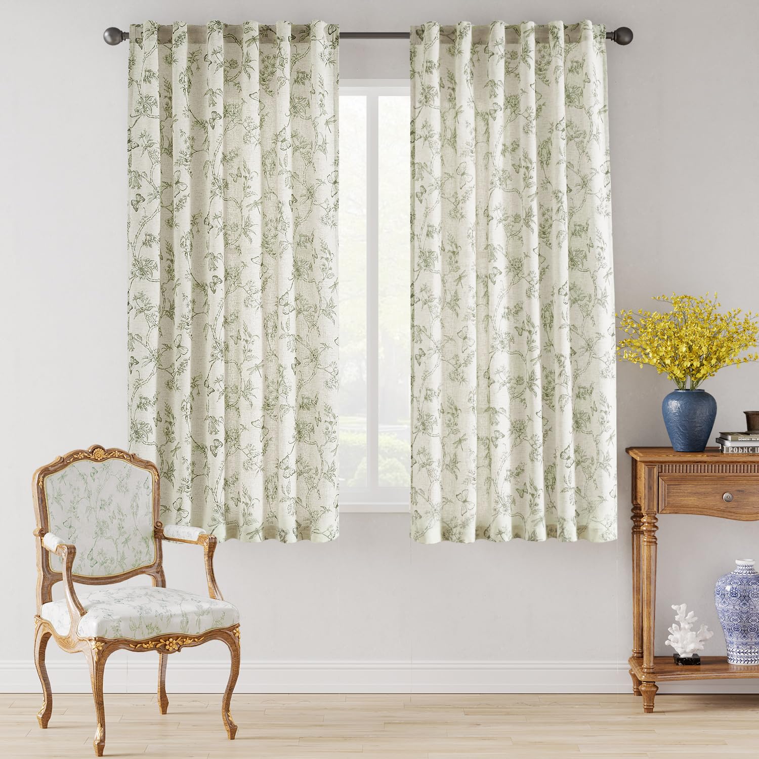 Lazzzy Linen Farmhouse Curtains Green Floral Curtains 63 Inch Length Back Tab Drapes For Living Room Bedroom Light Filtering Cou