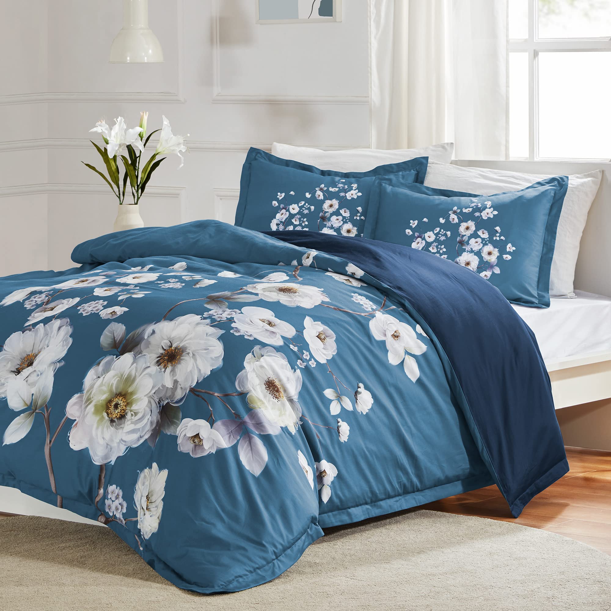 Sleep Zone Bedding Duvet Cover Sets Printed Floral 120Gsm Ultra Soft Zipper Closure Corner Ties, Classic Peony Blue, Full/Queen